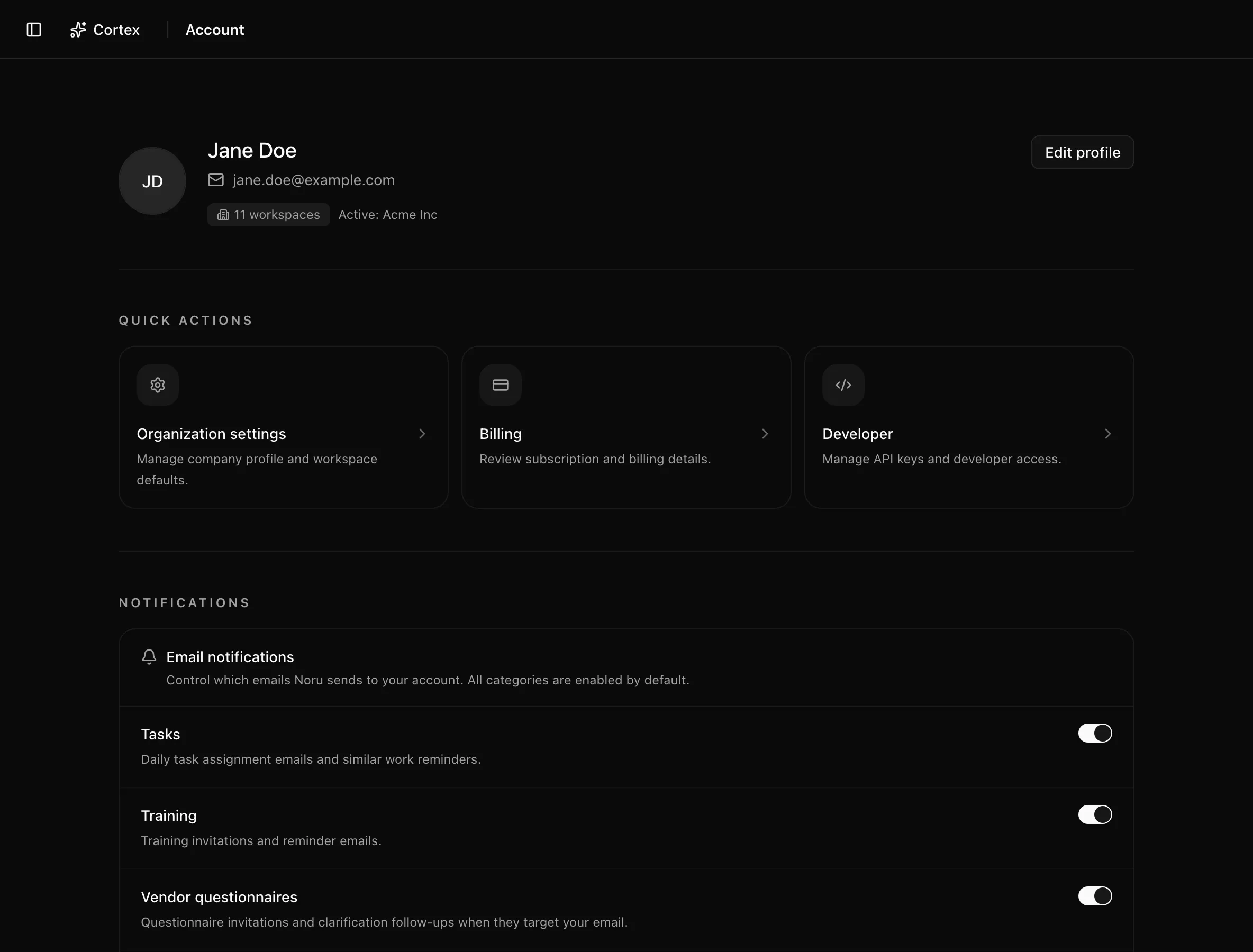 Account page with the profile header, Quick Actions, and the Email notifications card