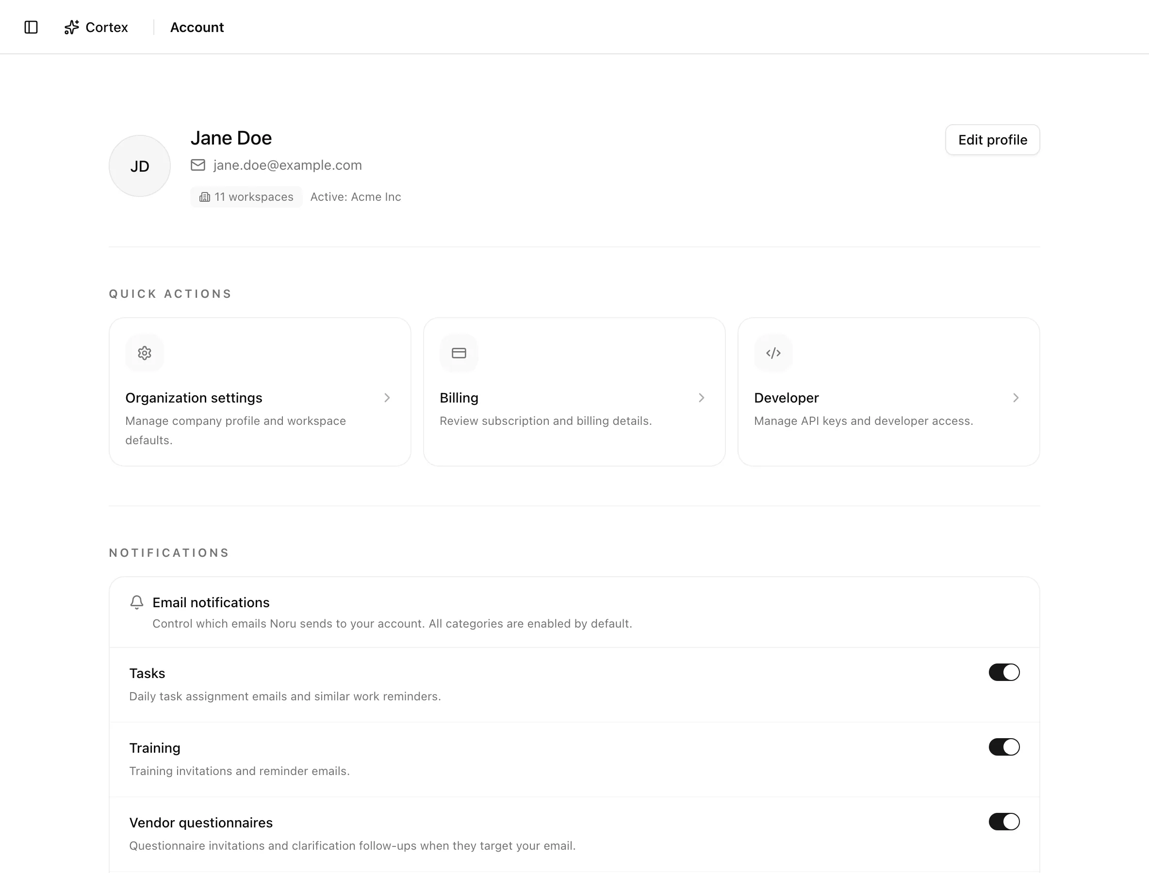 Account page with the profile header, Quick Actions, and the Email notifications card