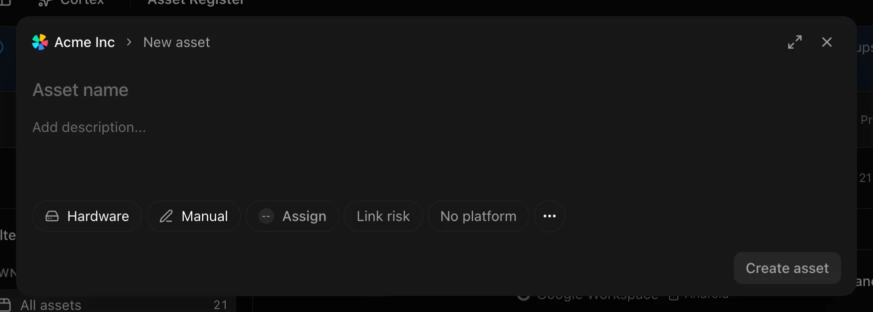 The create asset dialog with type, source, risk link, and data categorization fields