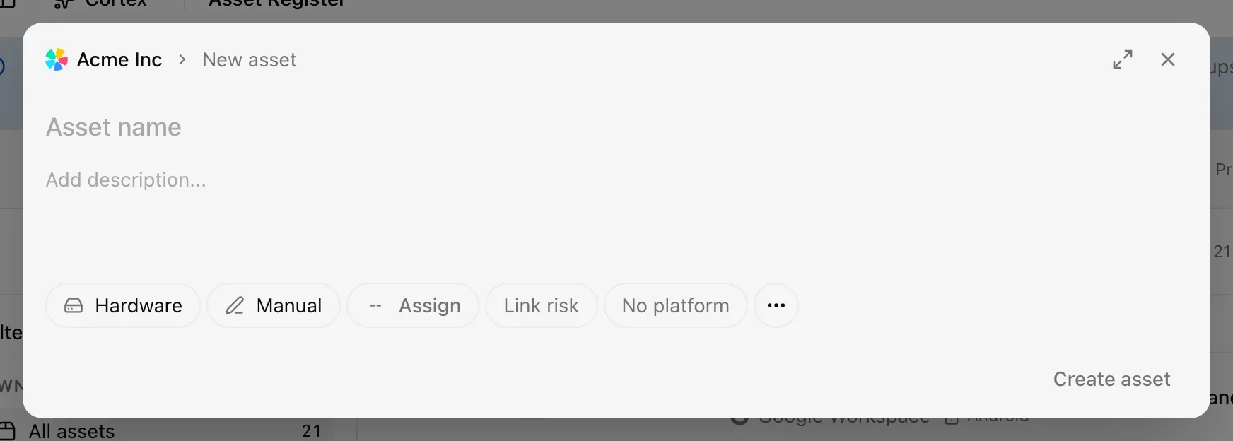 The create asset dialog with type, source, risk link, and data categorization fields