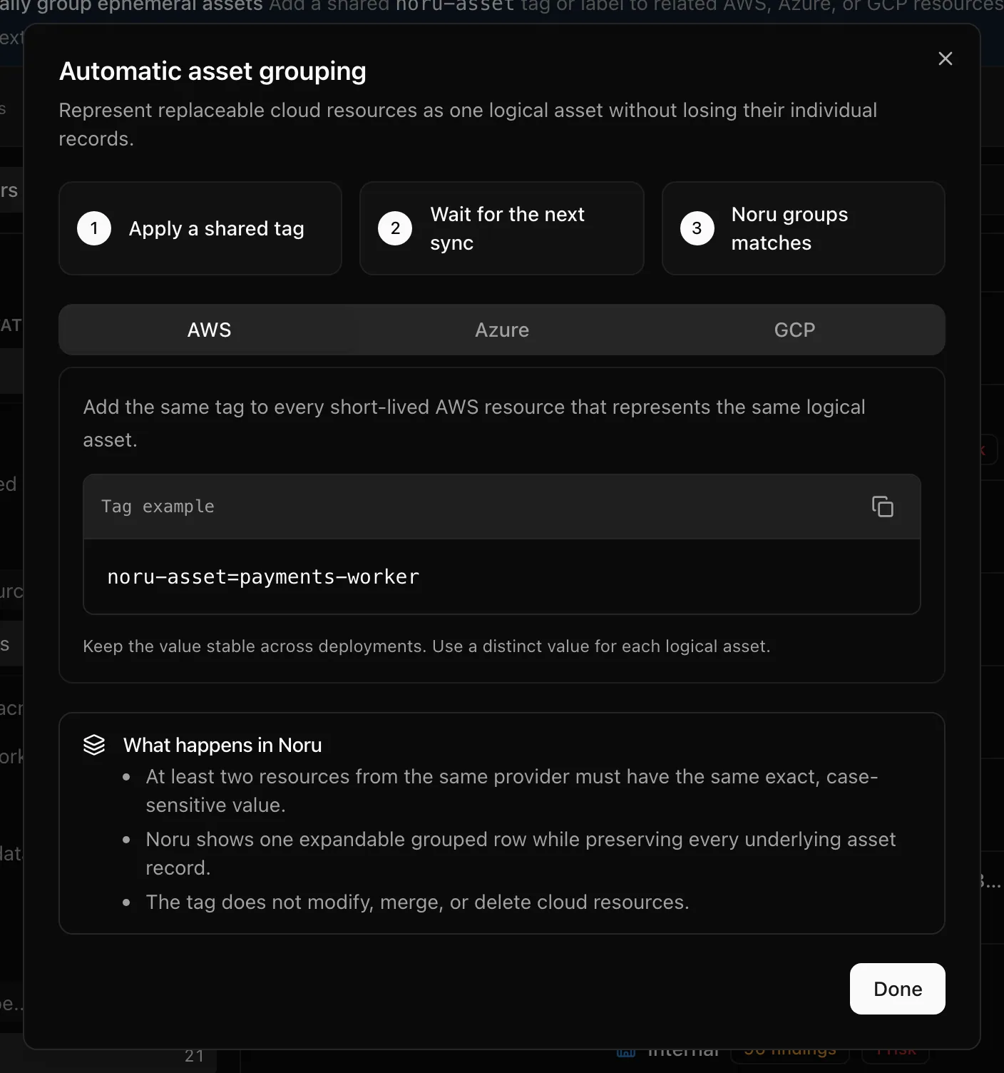 The Automatic asset grouping dialog with three steps and AWS, Azure, and GCP tabs