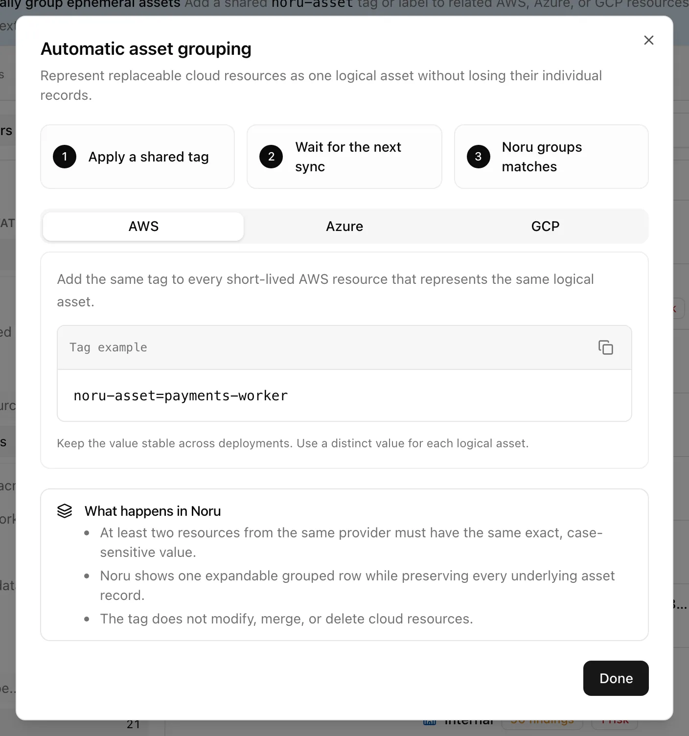 The Automatic asset grouping dialog with three steps and AWS, Azure, and GCP tabs