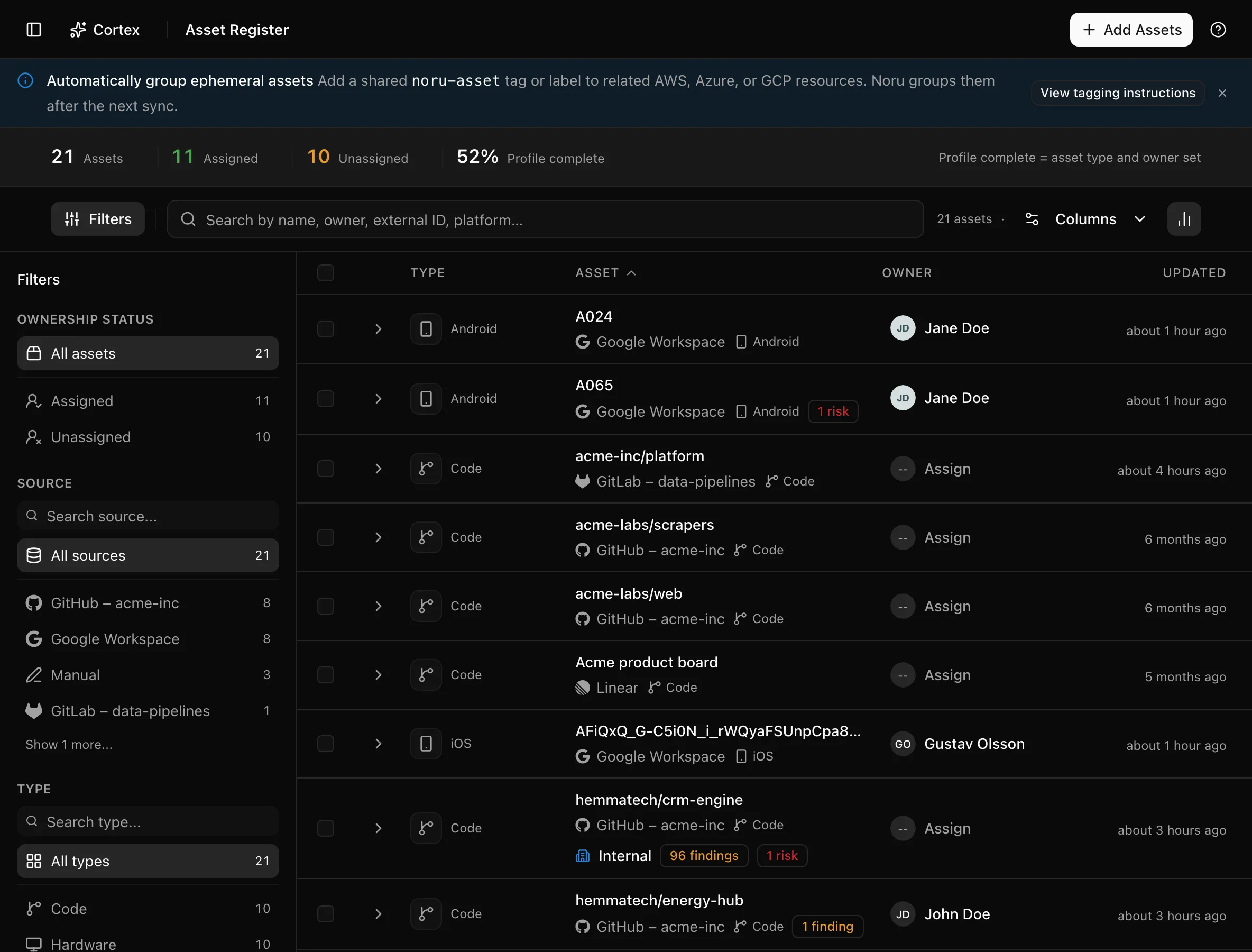 The asset register with the ownership, source, and type filters and the insight strip