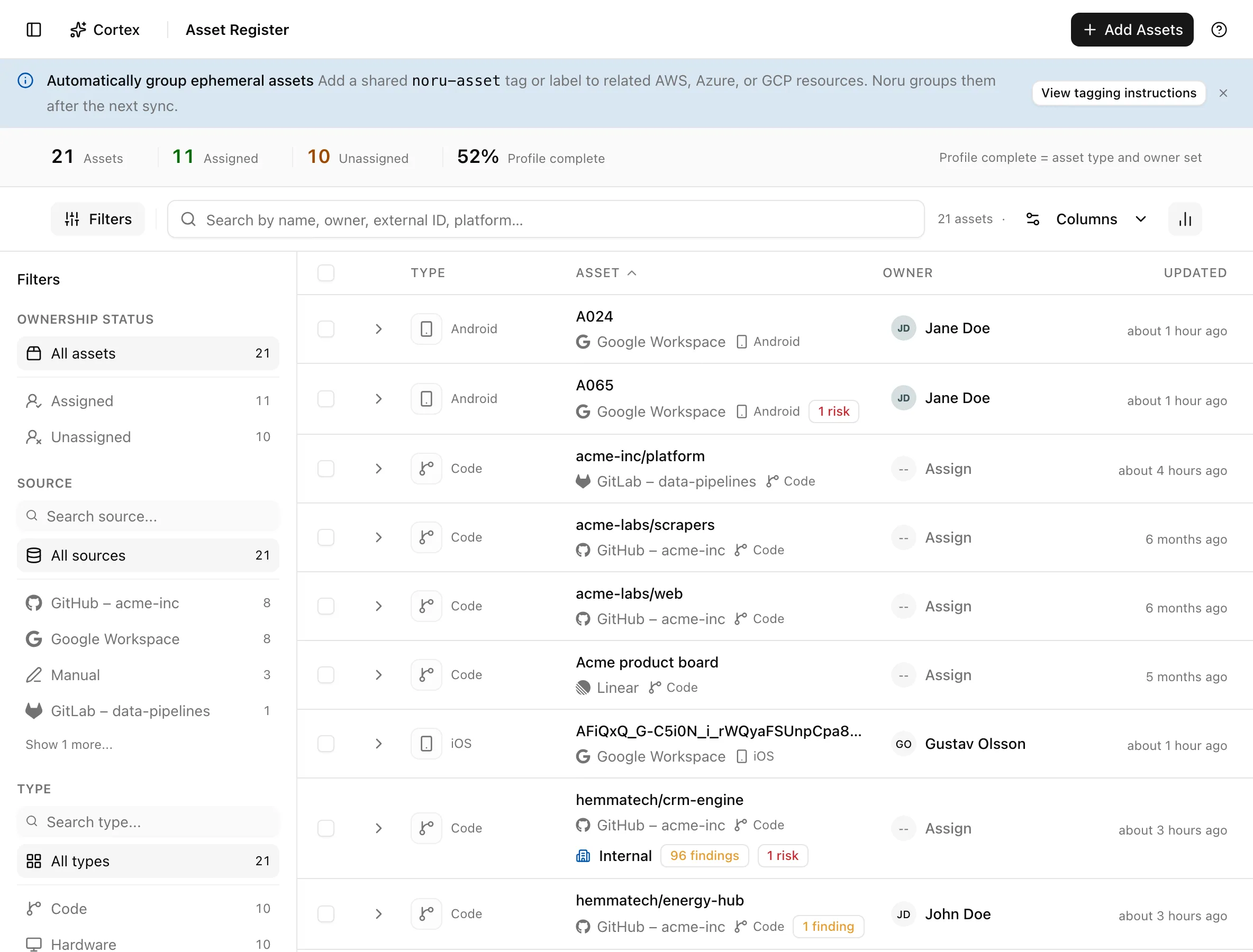 The asset register with the ownership, source, and type filters and the insight strip