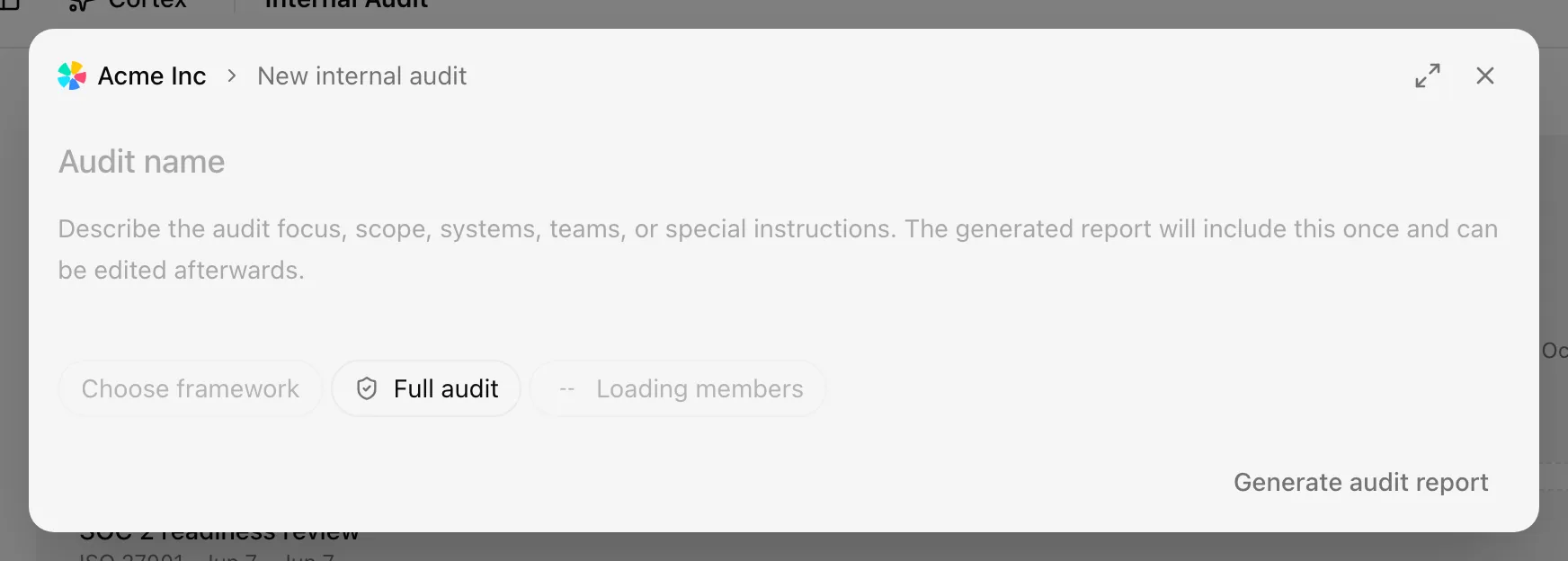 The New internal audit dialog with name, instructions, framework, audit type, and auditor picker
