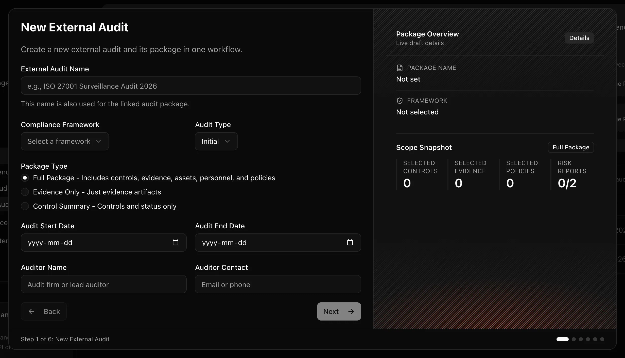 The audit package builder on the Controls step with the step indicator across the top