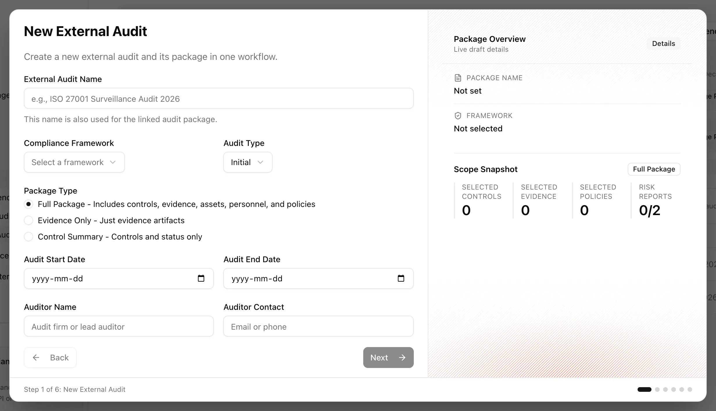 The audit package builder on the Controls step with the step indicator across the top