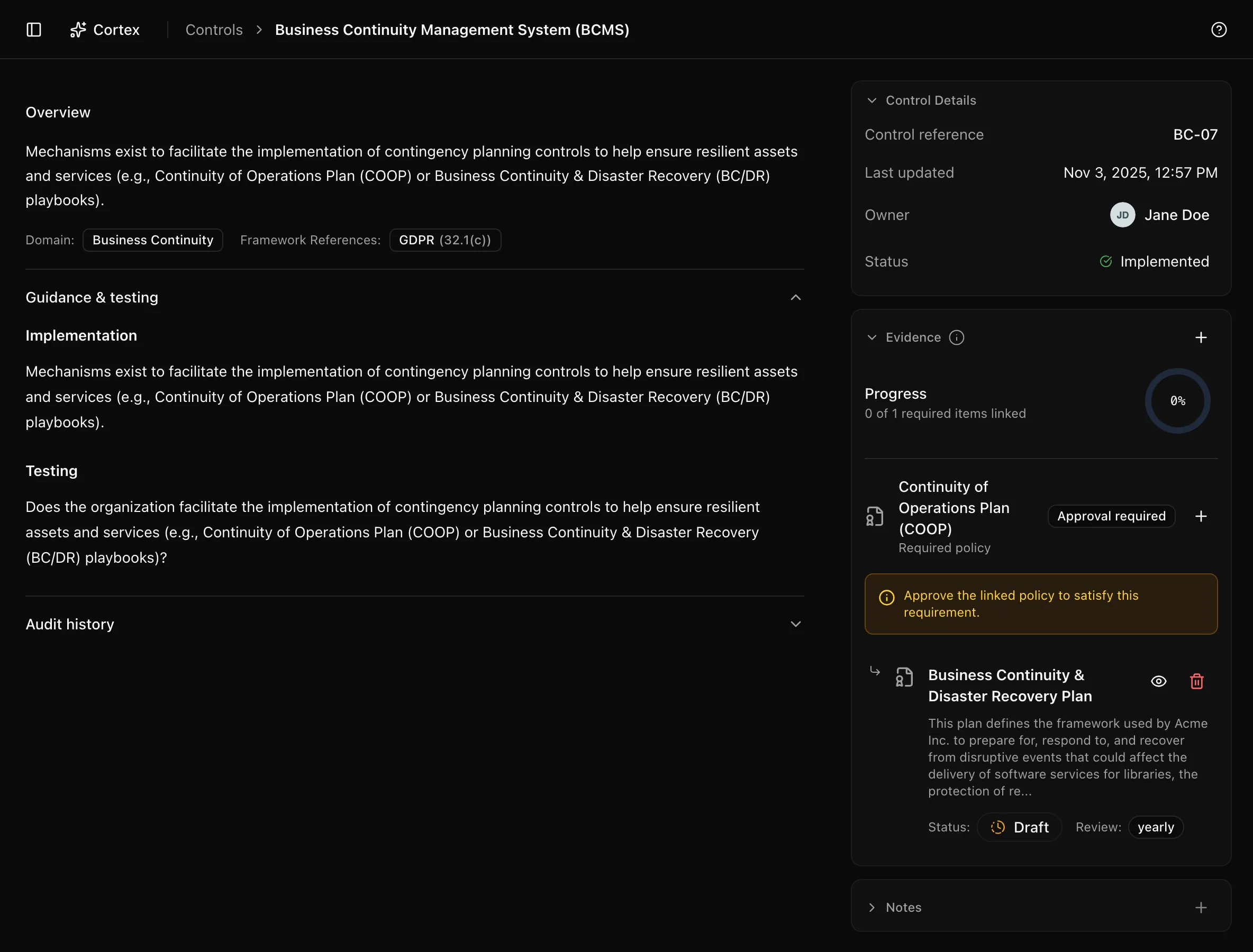 A control page with the property rows, evidence slots, notes, and the guidance accordion