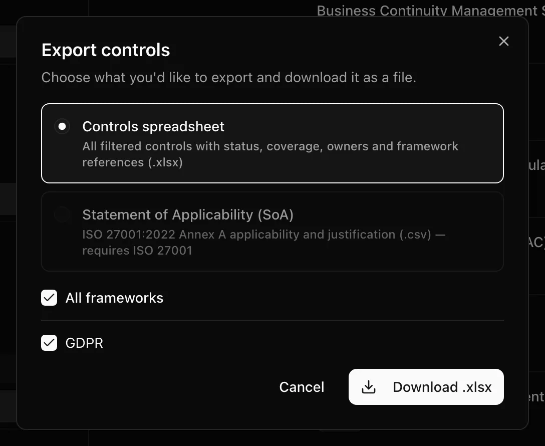 The Export controls dialog with Controls spreadsheet and Statement of Applicability options
