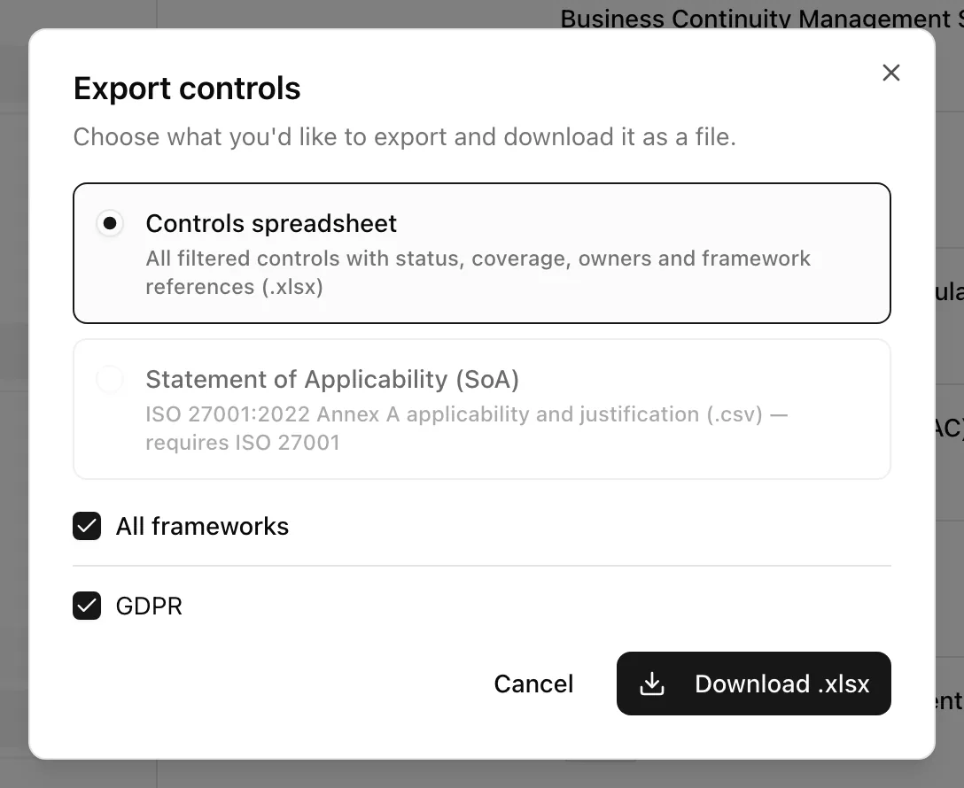 The Export controls dialog with Controls spreadsheet and Statement of Applicability options