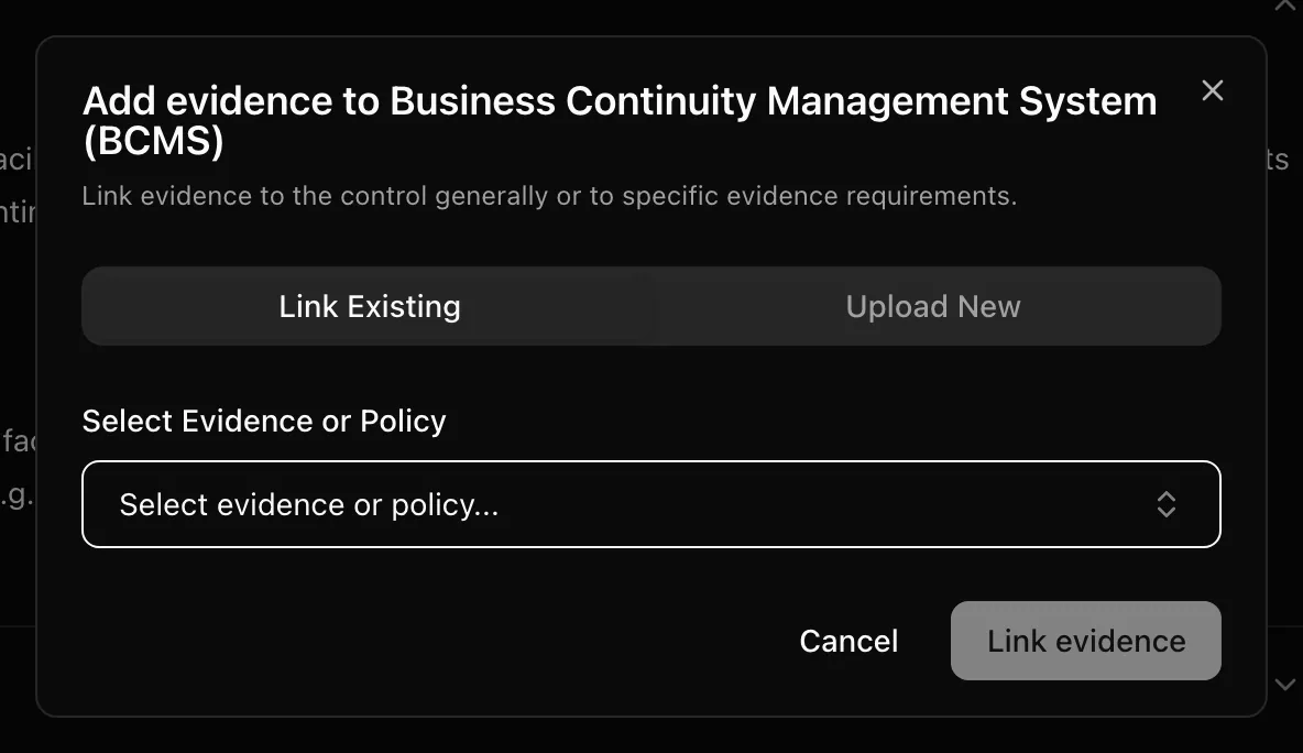 The link evidence dialog with Link Existing and Upload New tabs and the target selector