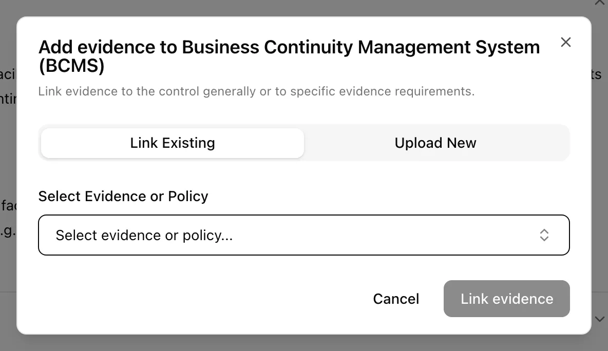 The link evidence dialog with Link Existing and Upload New tabs and the target selector