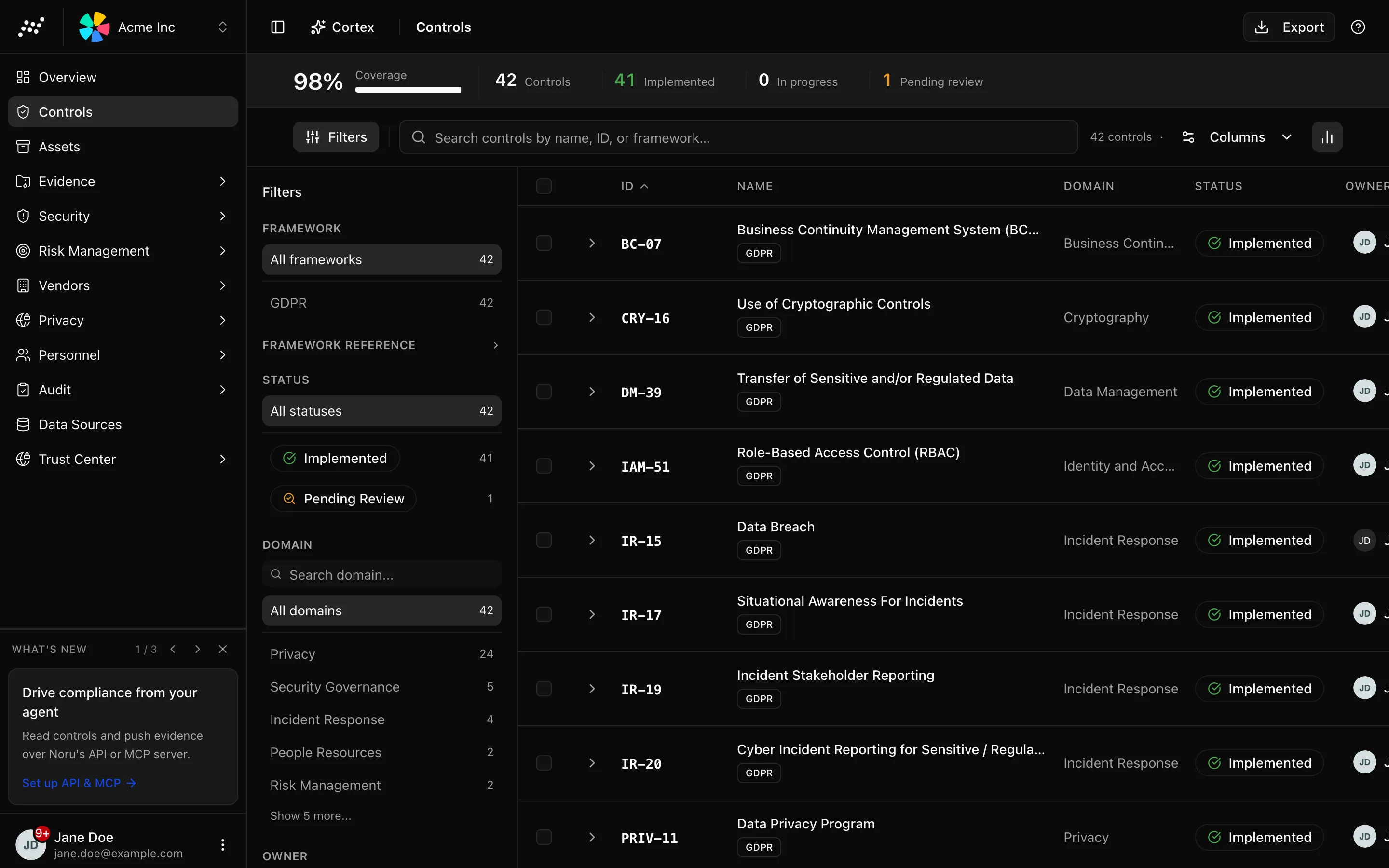 The controls table with the filter sidebar, insight strip, and status column