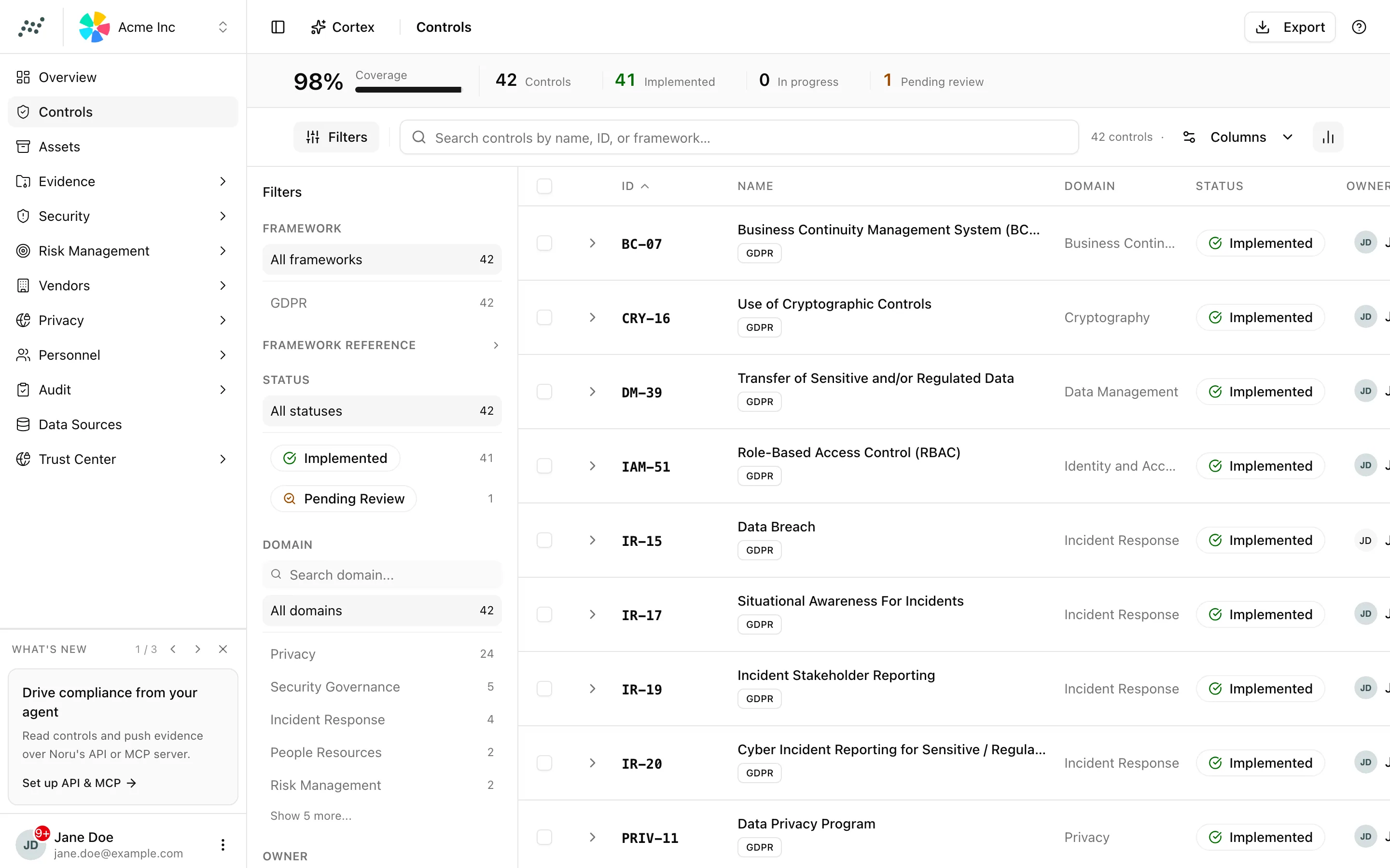 The controls table with the filter sidebar, insight strip, and status column