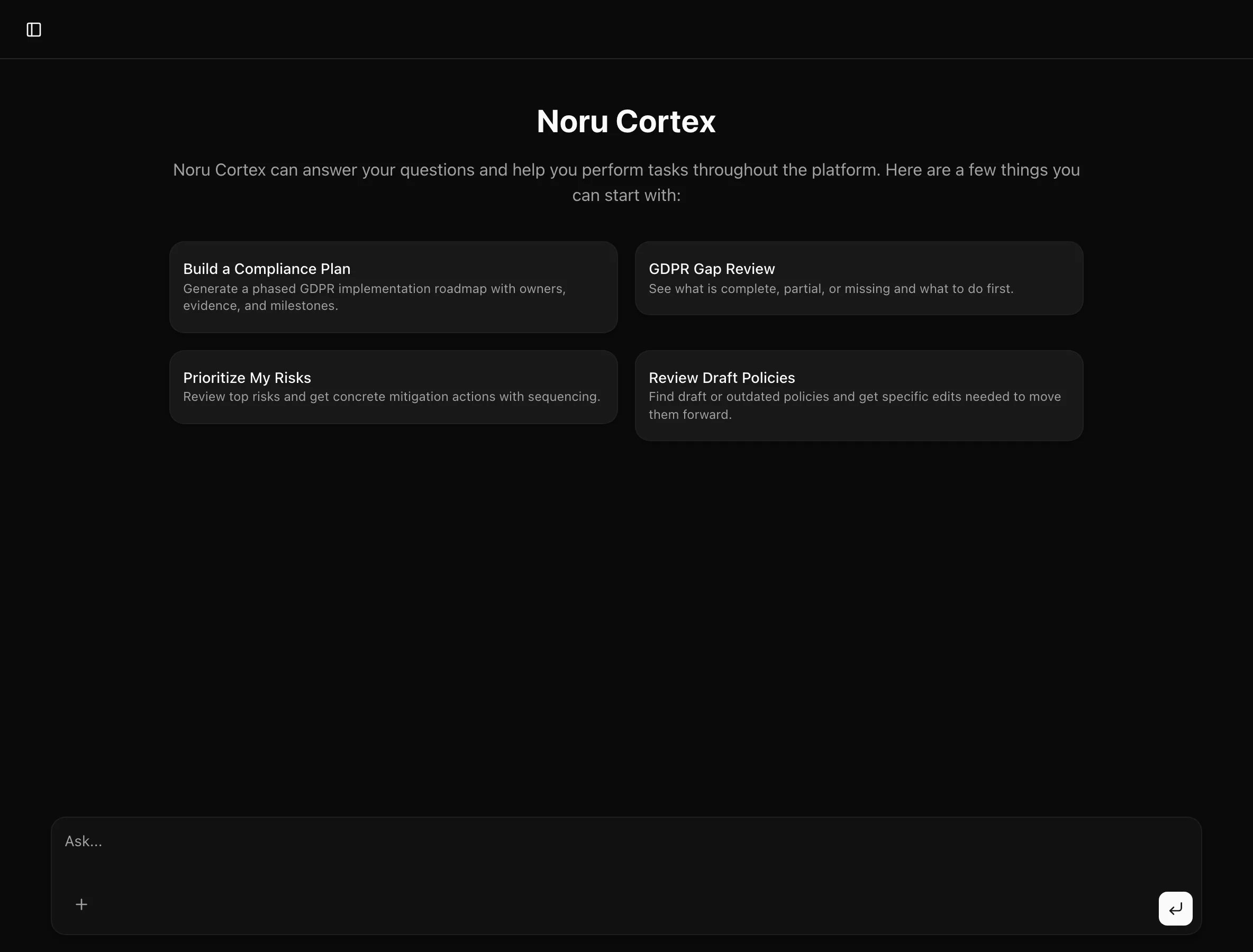 Full-page Cortex with the Noru Cortex welcome and four suggestion cards