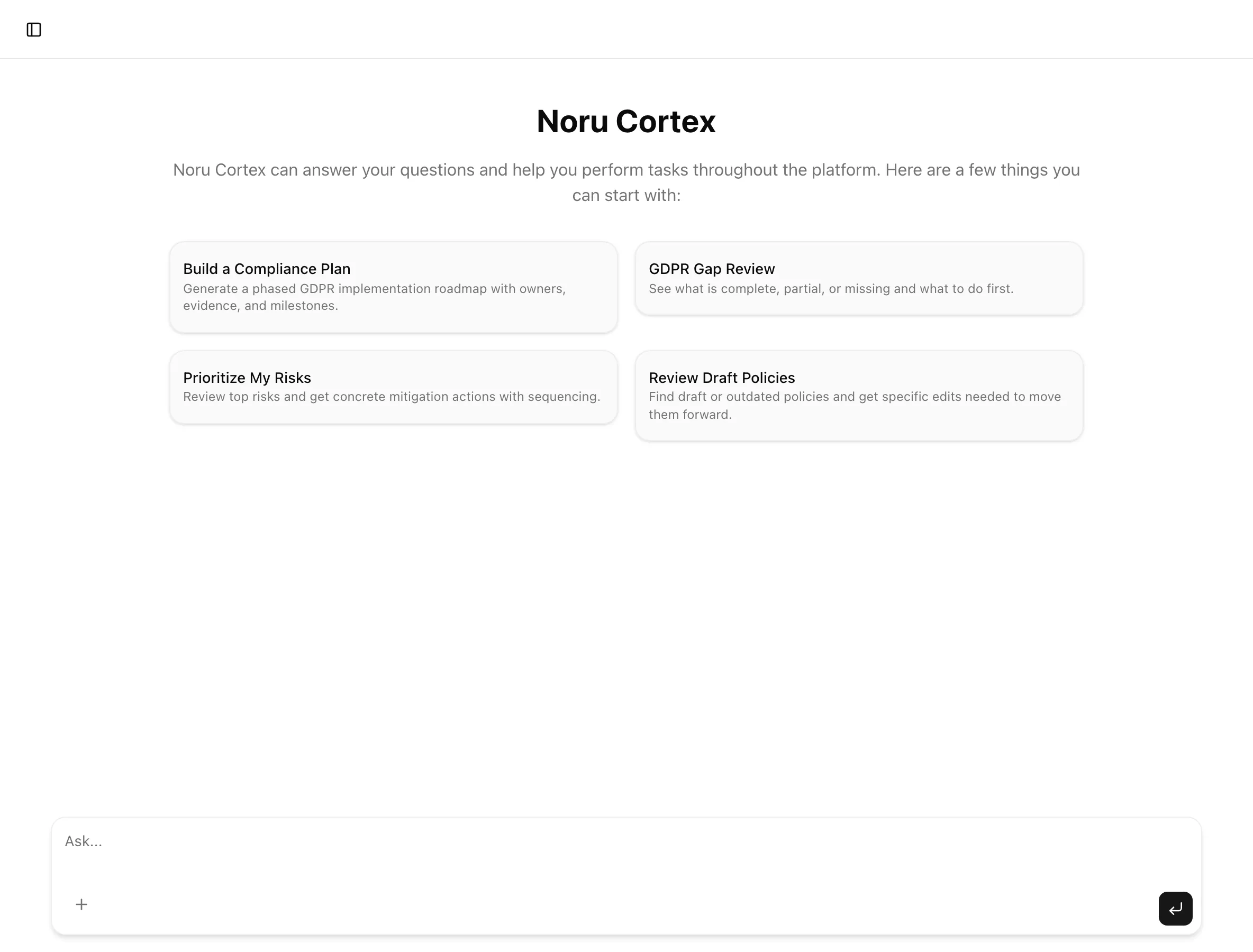 Full-page Cortex with the Noru Cortex welcome and four suggestion cards