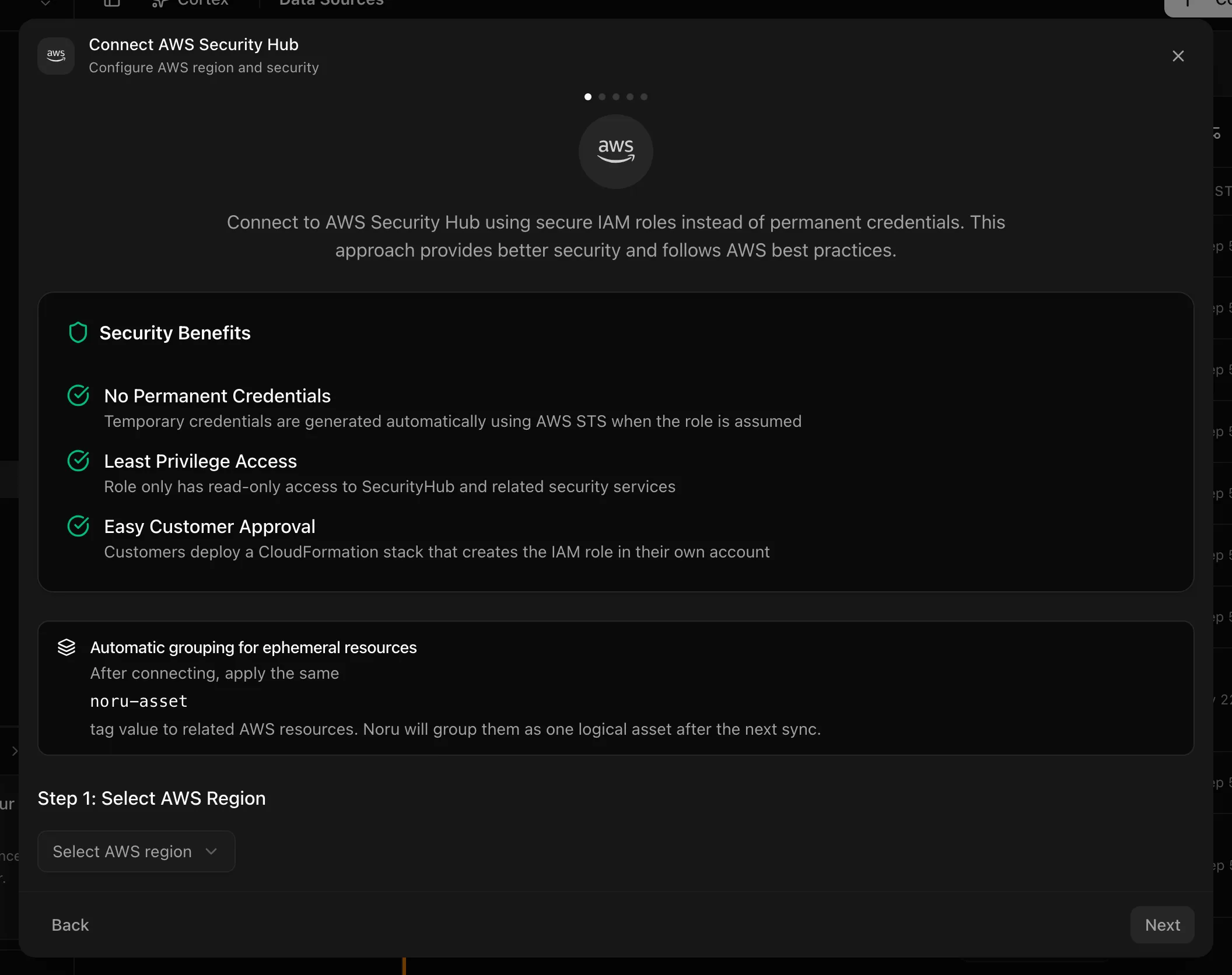 Connect AWS Security Hub dialog on the Setup step with the region selector