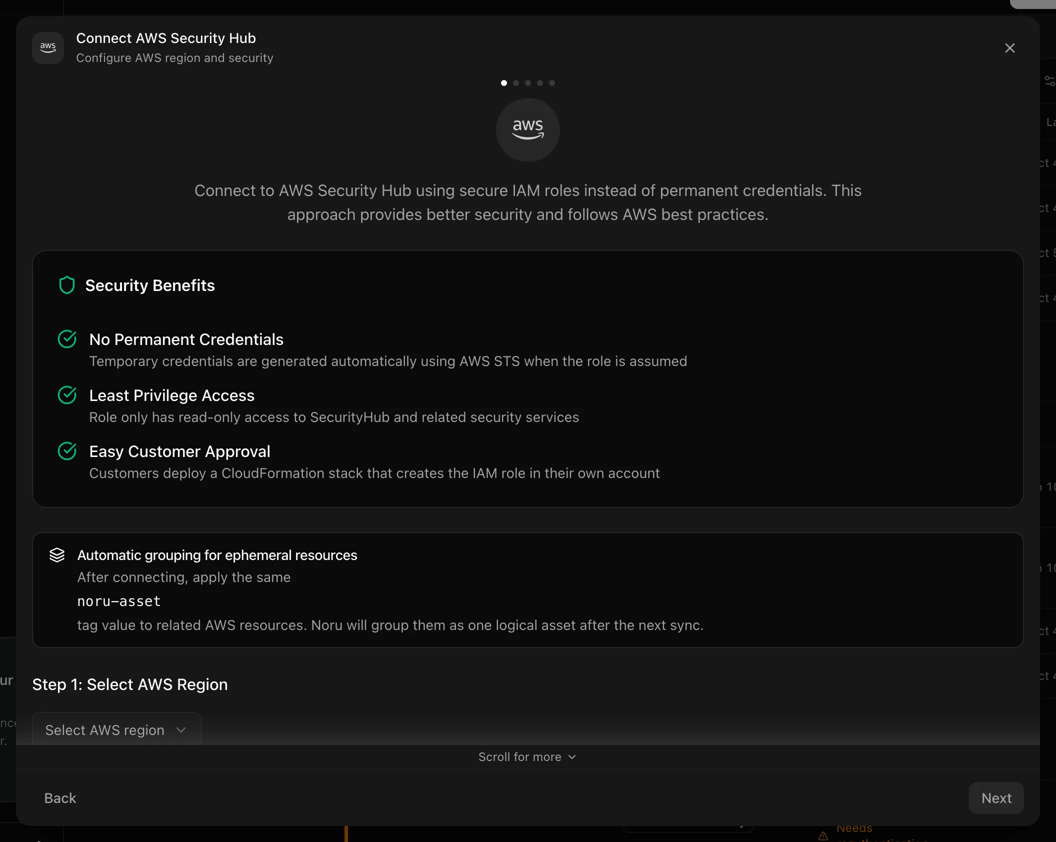 Connect AWS Security Hub dialog on the Setup step with the region selector
