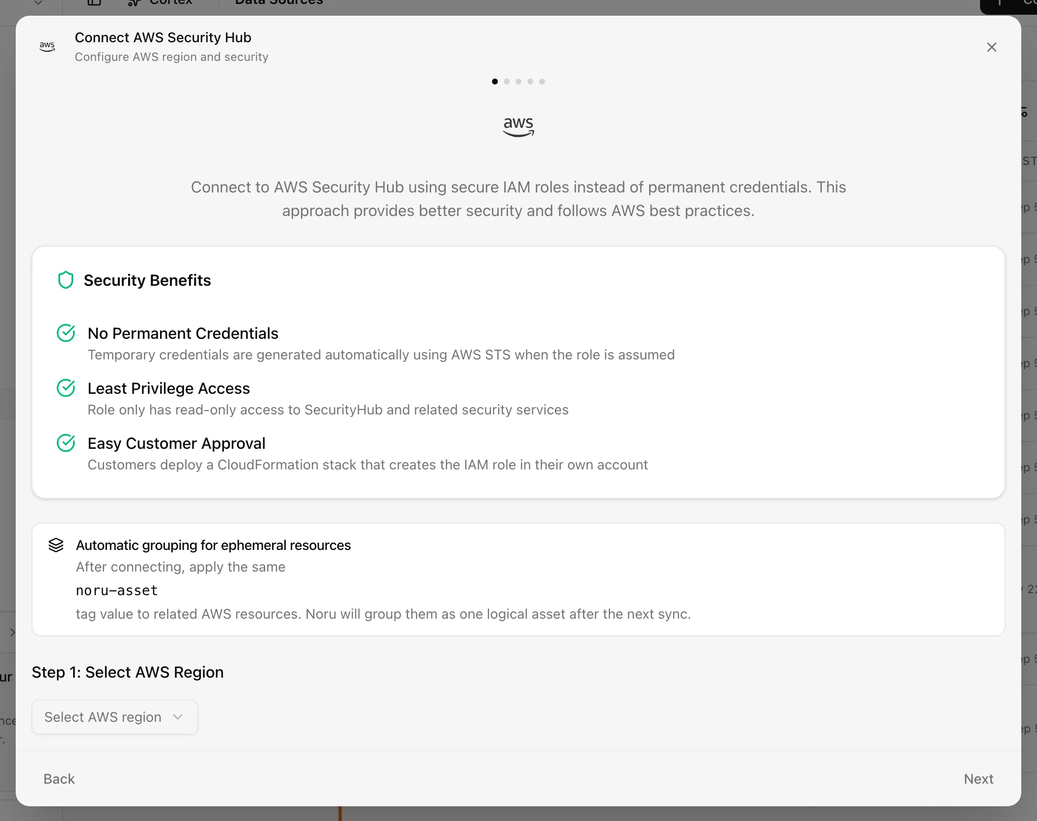 Connect AWS Security Hub dialog on the Setup step with the region selector