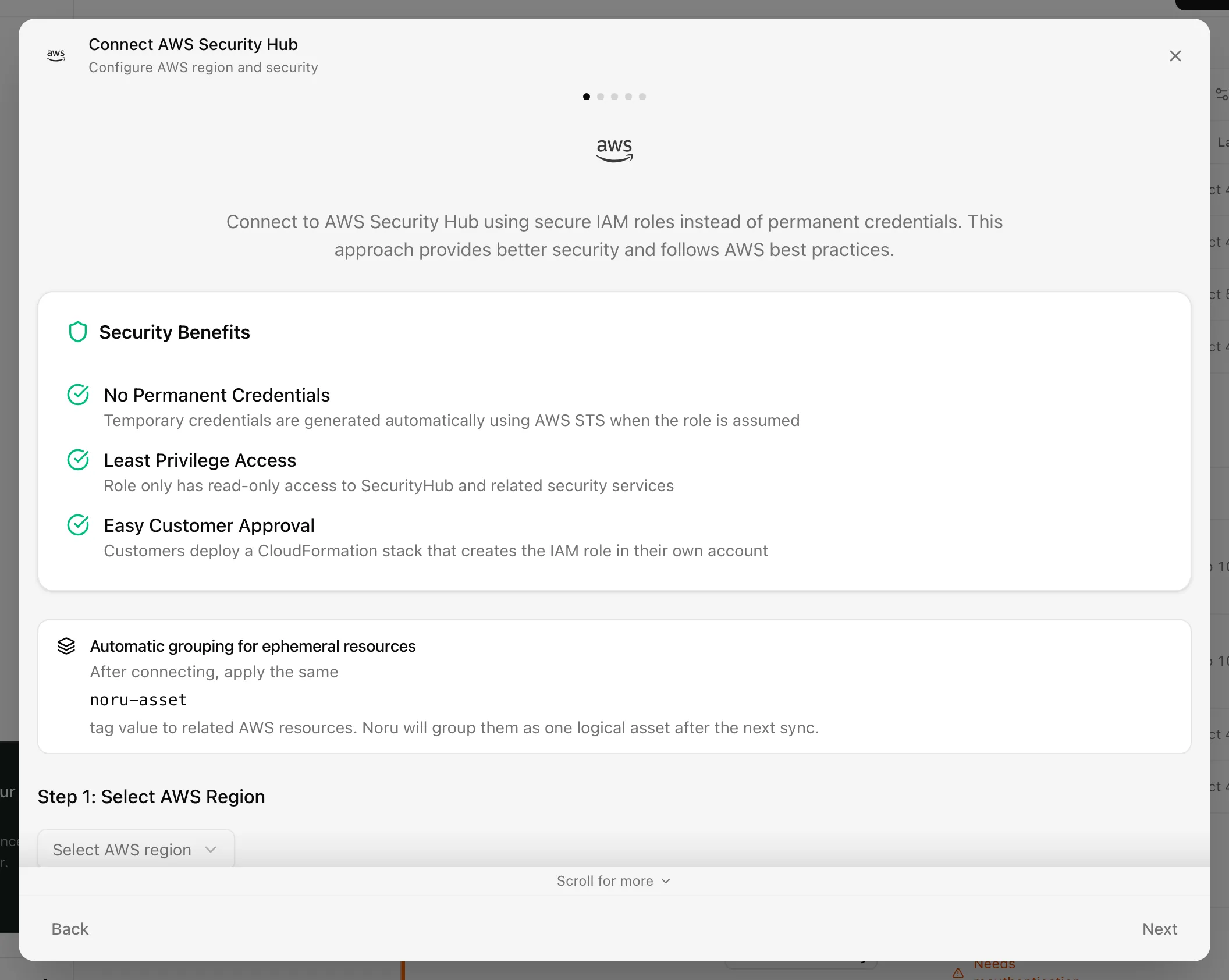 Connect AWS Security Hub dialog on the Setup step with the region selector