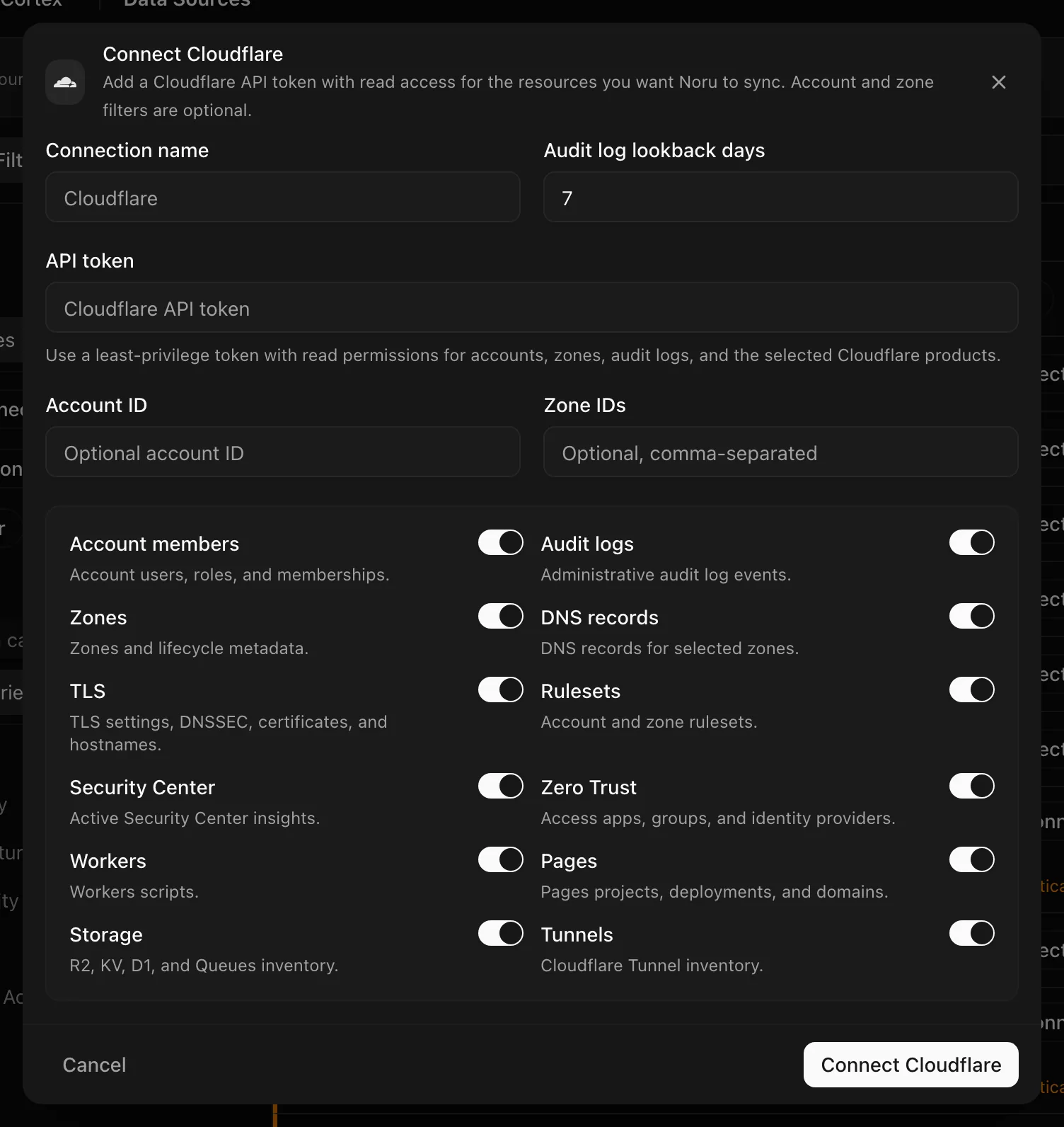 Connect Cloudflare dialog with the API token field and twelve include switches