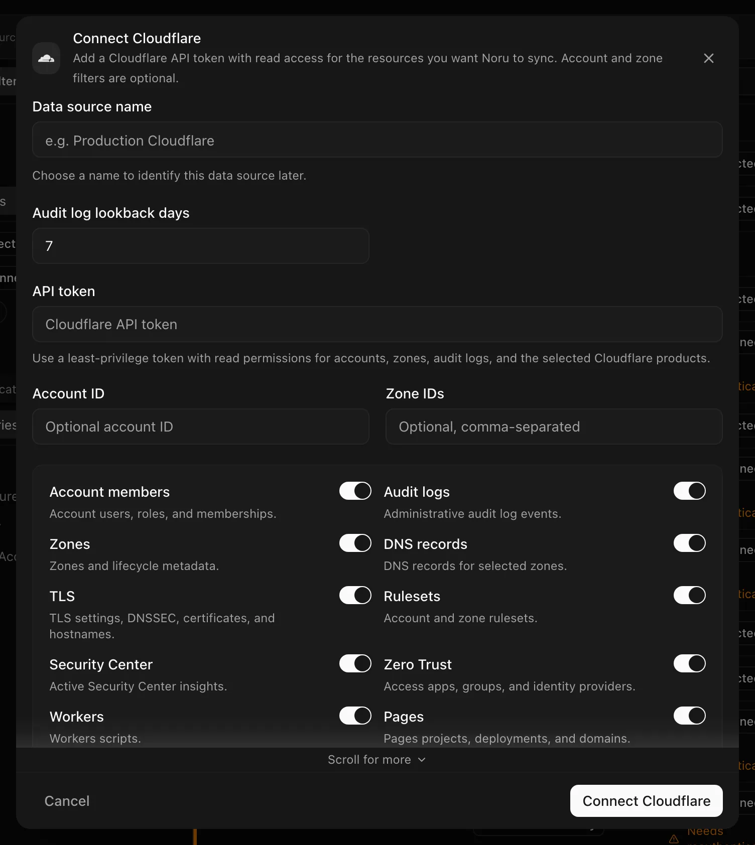 Connect Cloudflare dialog with the API token field and twelve include switches