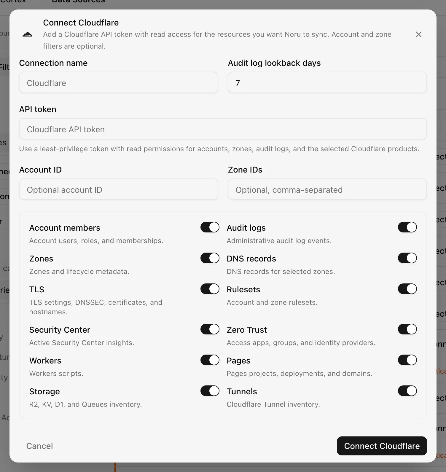 Connect Cloudflare dialog with the API token field and twelve include switches