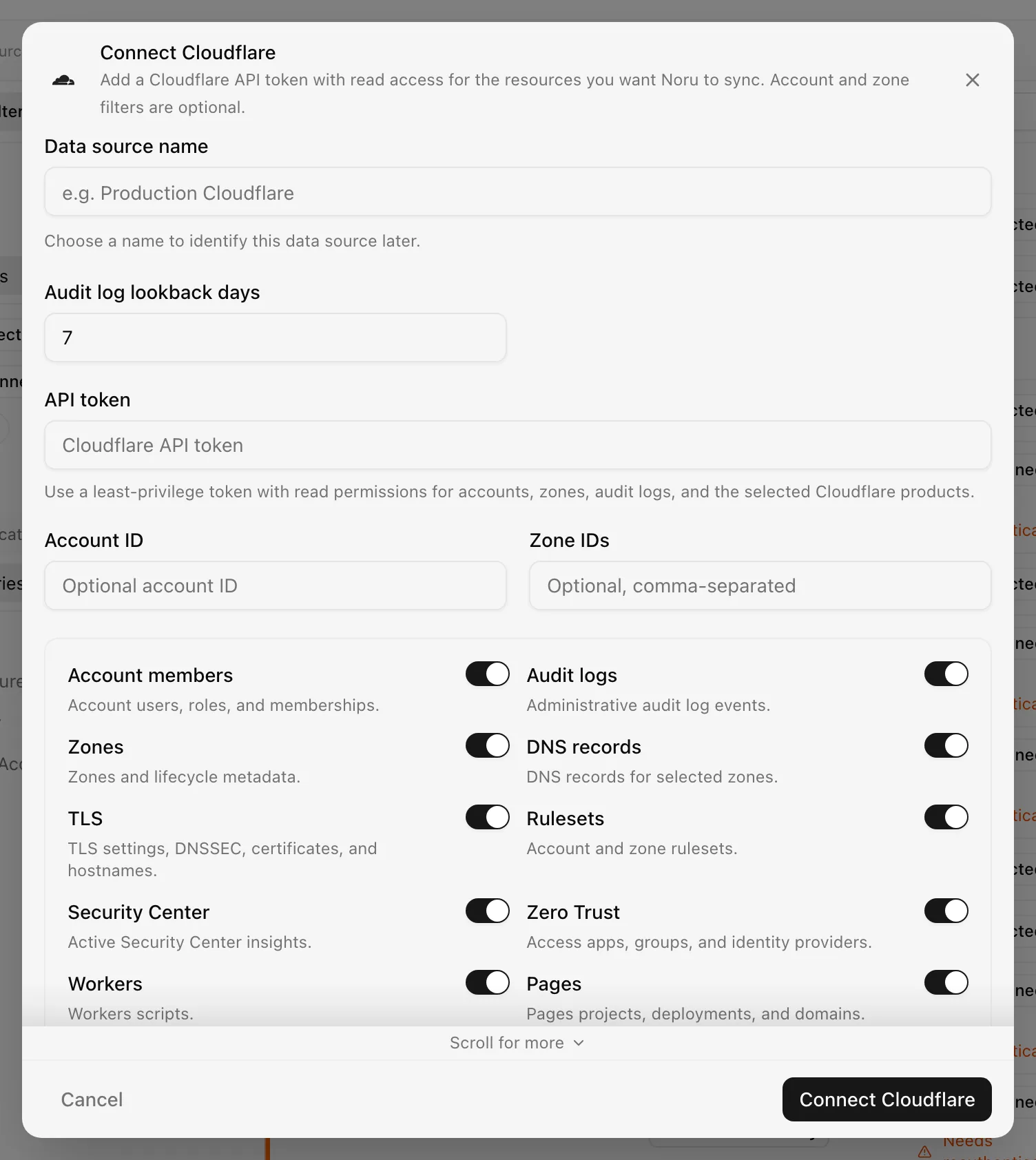 Connect Cloudflare dialog with the API token field and twelve include switches