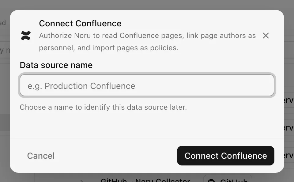 Connect Confluence dialog with the Data source name field