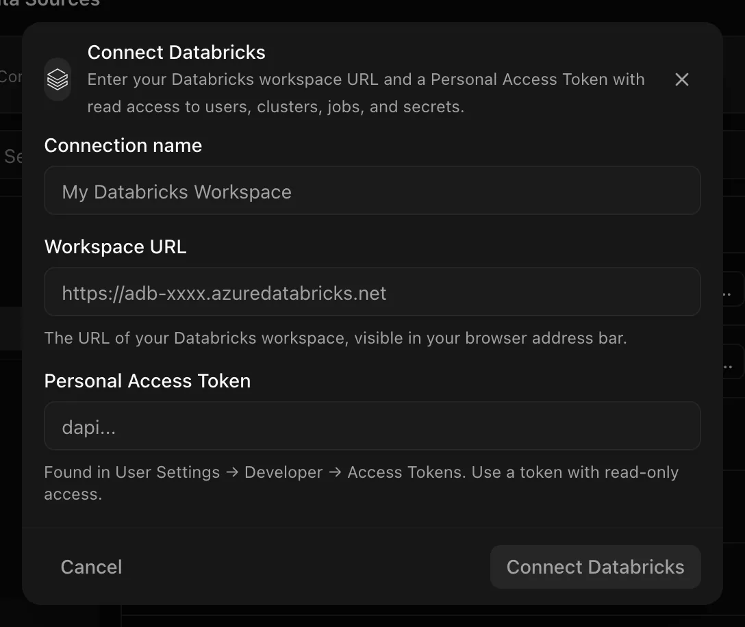 Connect Databricks dialog with Connection name, Workspace URL, and Personal Access Token fields