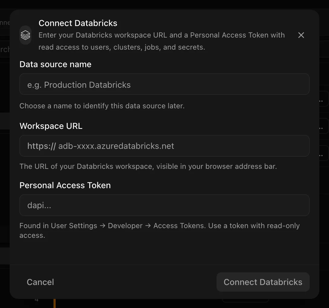 Connect Databricks dialog with Connection name, Workspace URL, and Personal Access Token fields