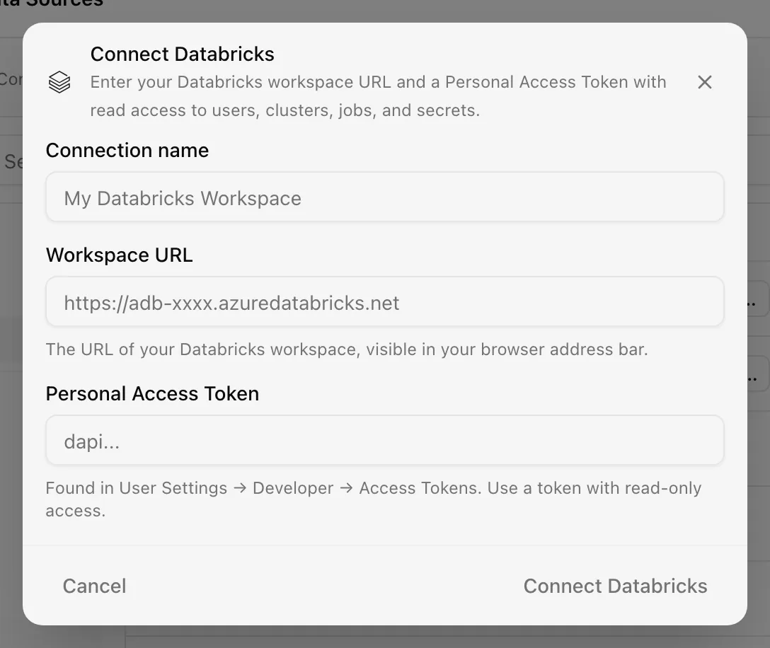 Connect Databricks dialog with Connection name, Workspace URL, and Personal Access Token fields