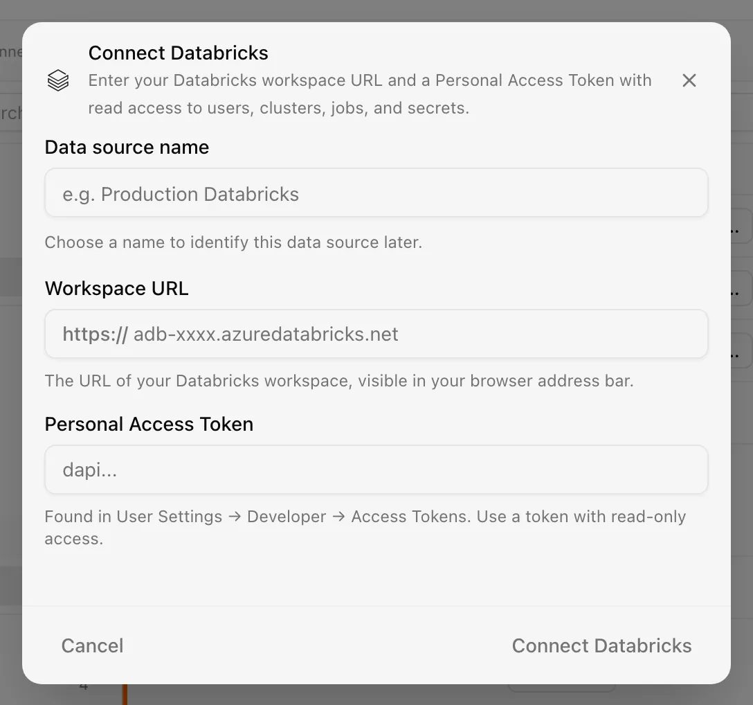 Connect Databricks dialog with Connection name, Workspace URL, and Personal Access Token fields