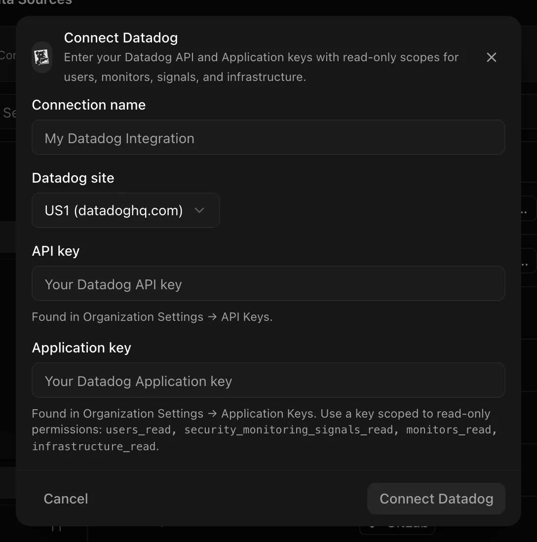 Connect Datadog dialog with site selector, API key, and Application key fields