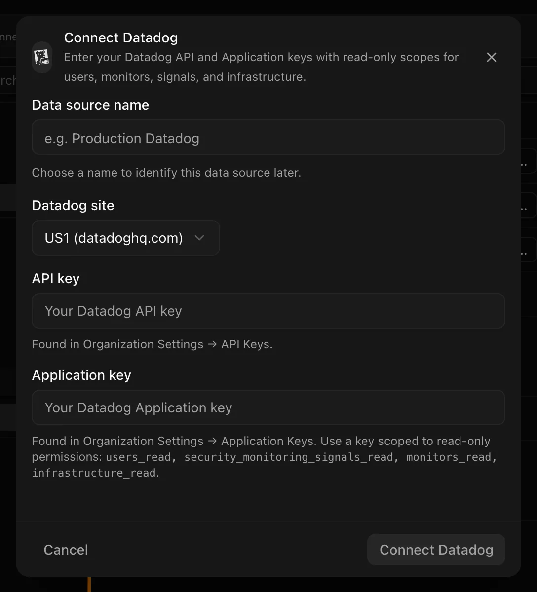 Connect Datadog dialog with site selector, API key, and Application key fields