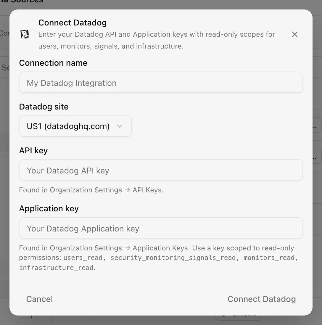 Connect Datadog dialog with site selector, API key, and Application key fields
