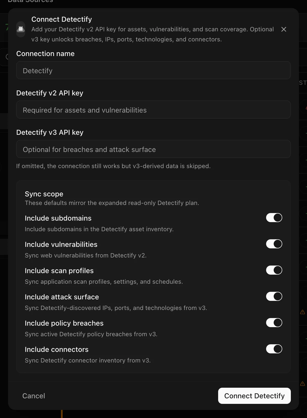 Connect Detectify dialog with the v2 and v3 API key fields and the Sync scope switches