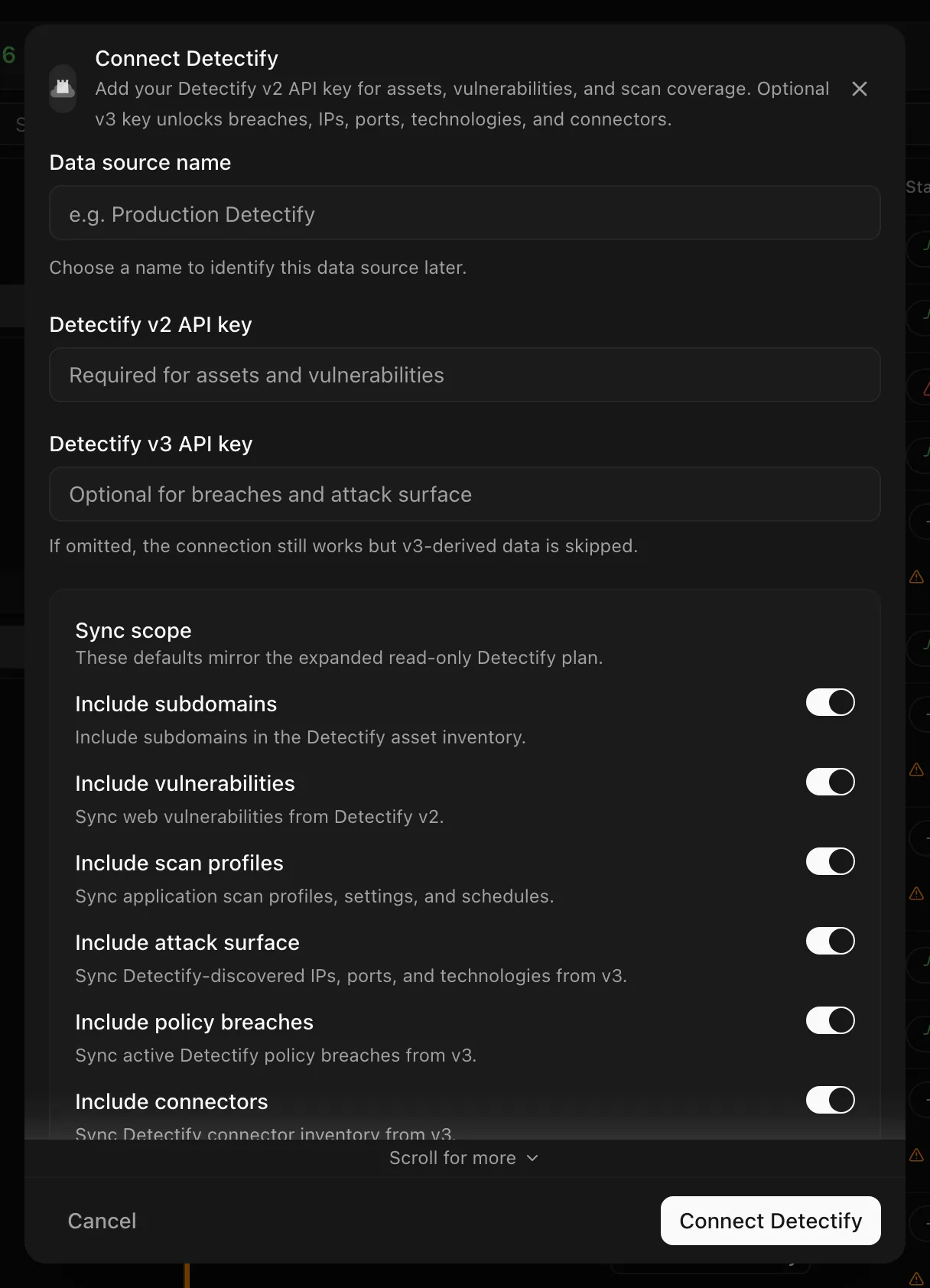 Connect Detectify dialog with the v2 and v3 API key fields and the Sync scope switches