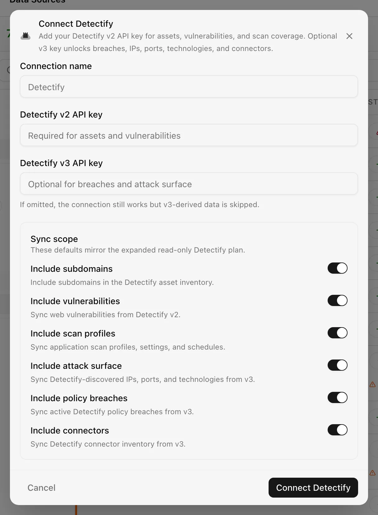 Connect Detectify dialog with the v2 and v3 API key fields and the Sync scope switches