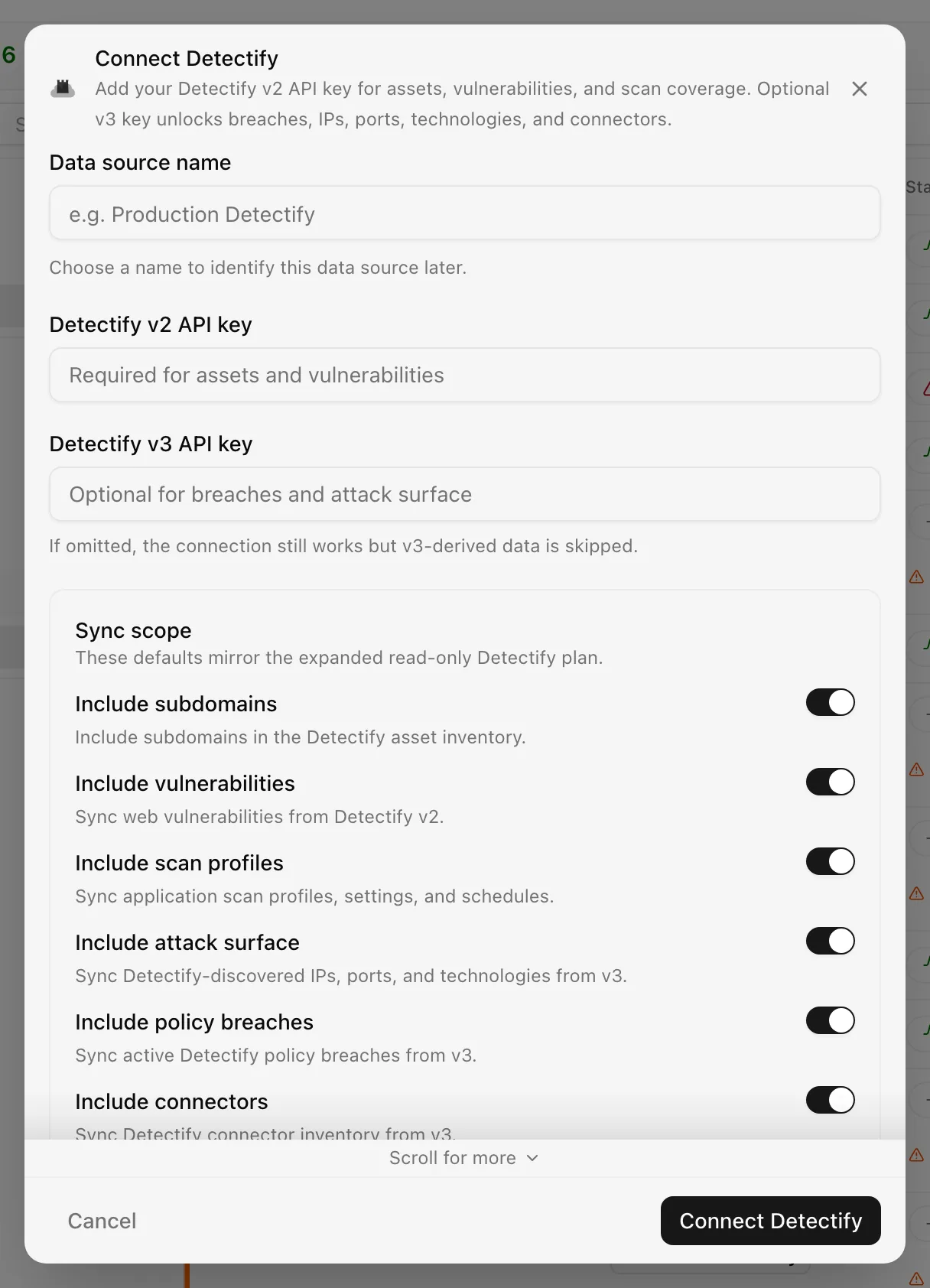 Connect Detectify dialog with the v2 and v3 API key fields and the Sync scope switches
