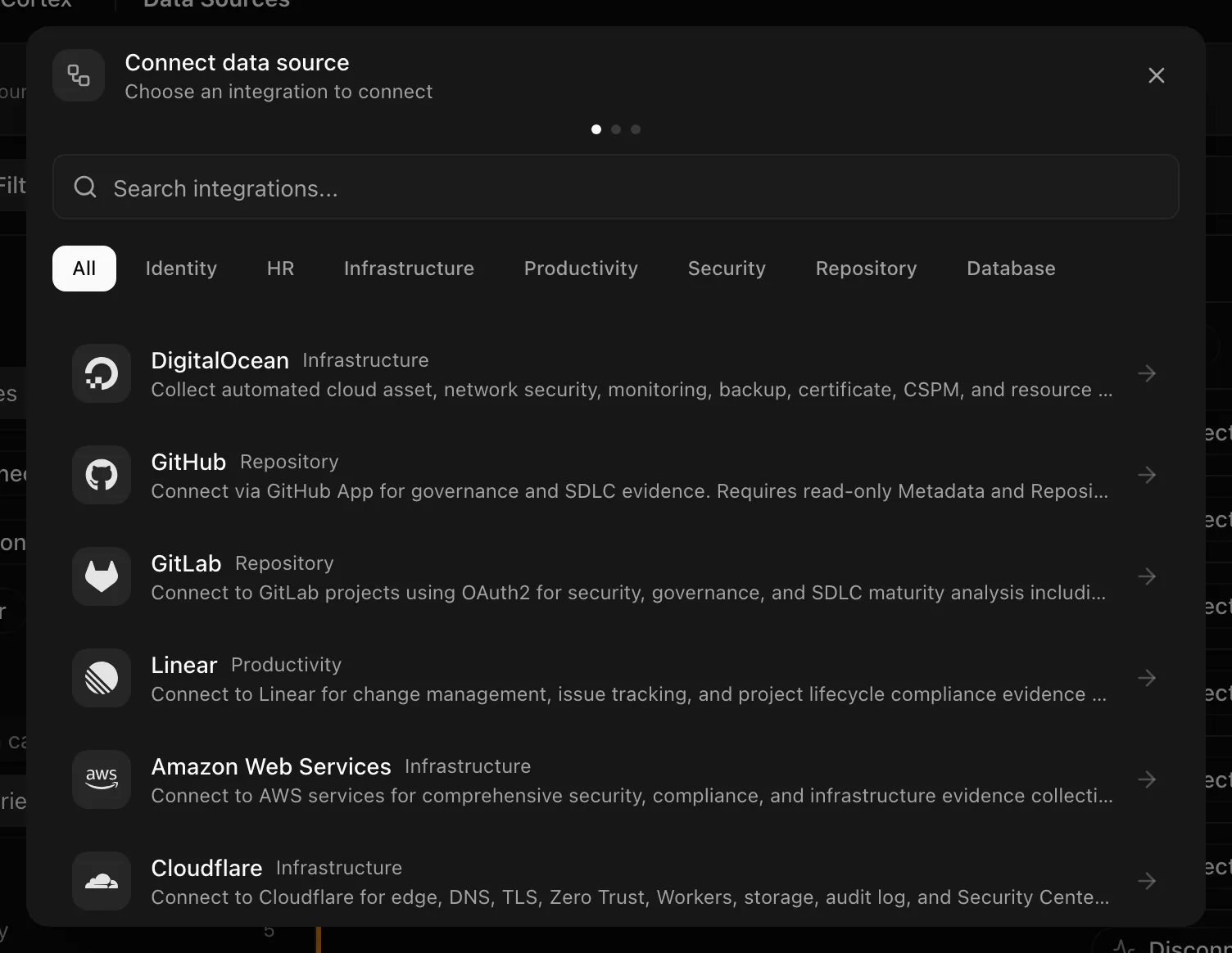 The Connect data source dialog on the Select Provider step with category chips