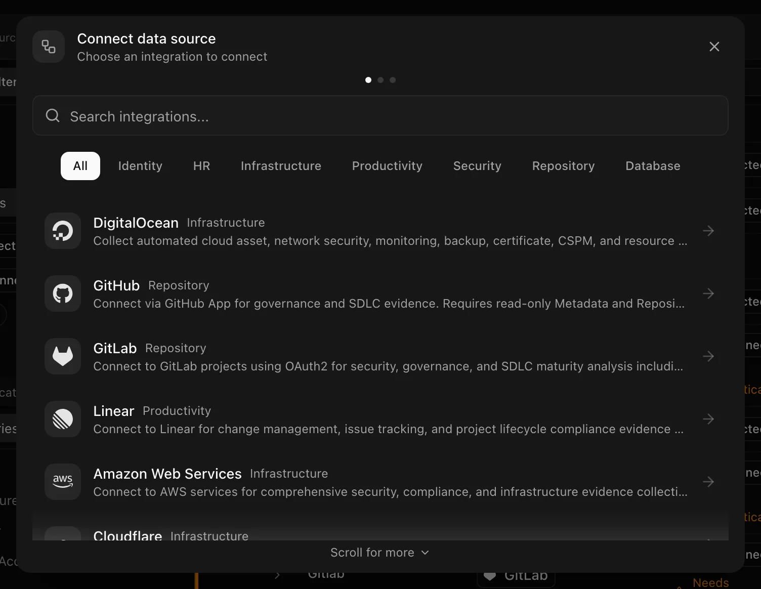 The connect dialog for a provider with the sync frequency options