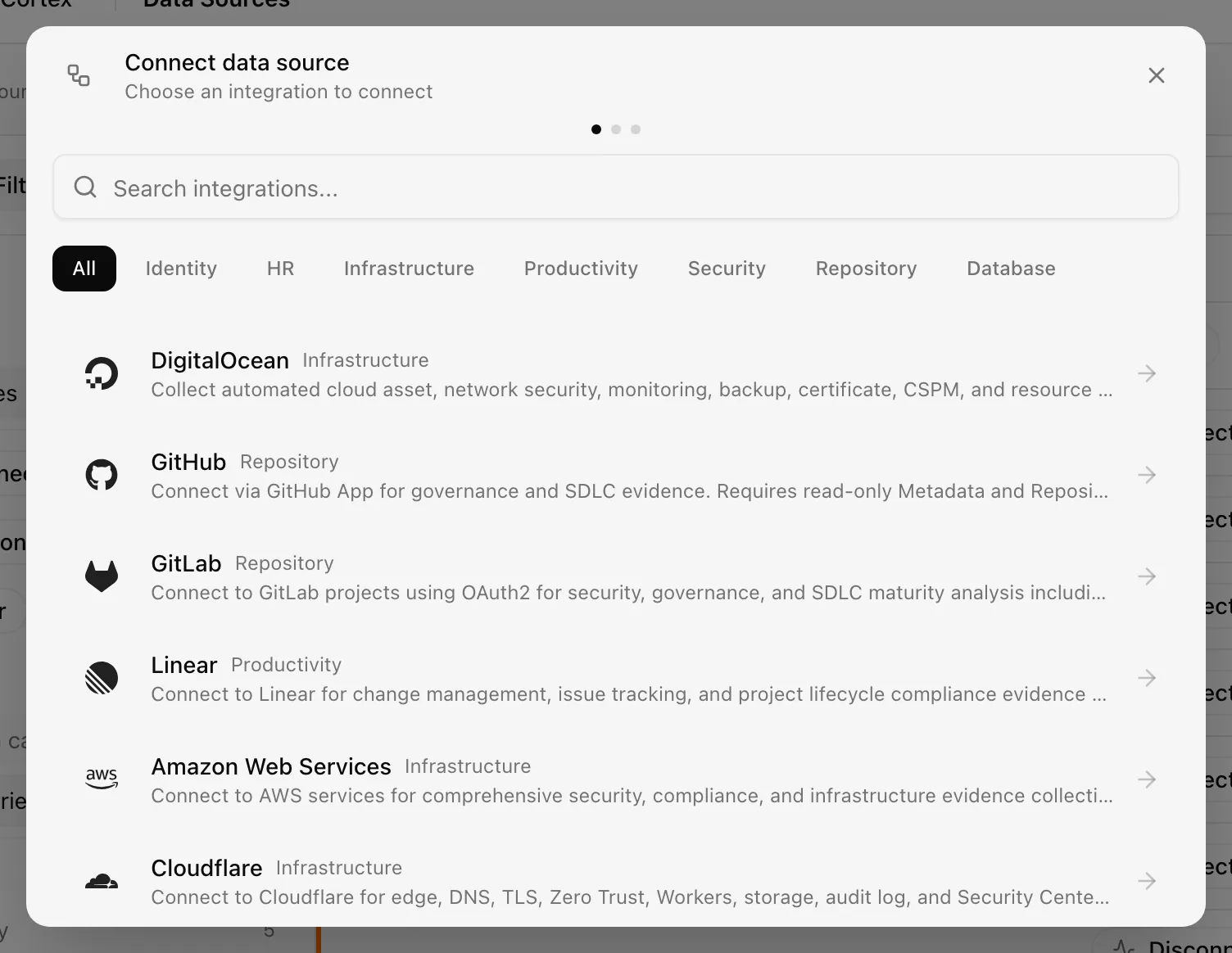 The Connect data source dialog on the Select Provider step with category chips