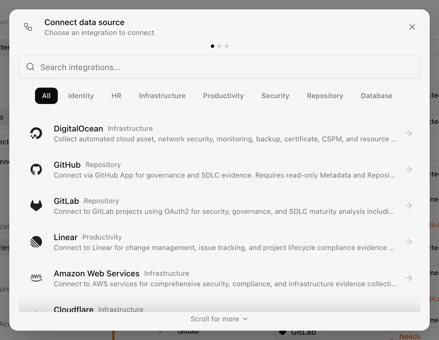 Connect data source dialog with provider search and category filters