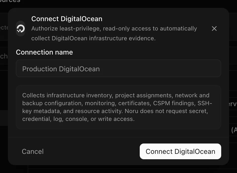 Connect DigitalOcean dialog with the Connection name field