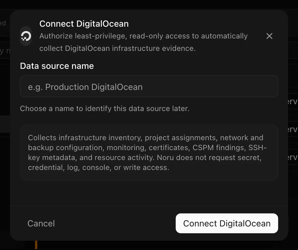 Connect DigitalOcean dialog with the Data source name field