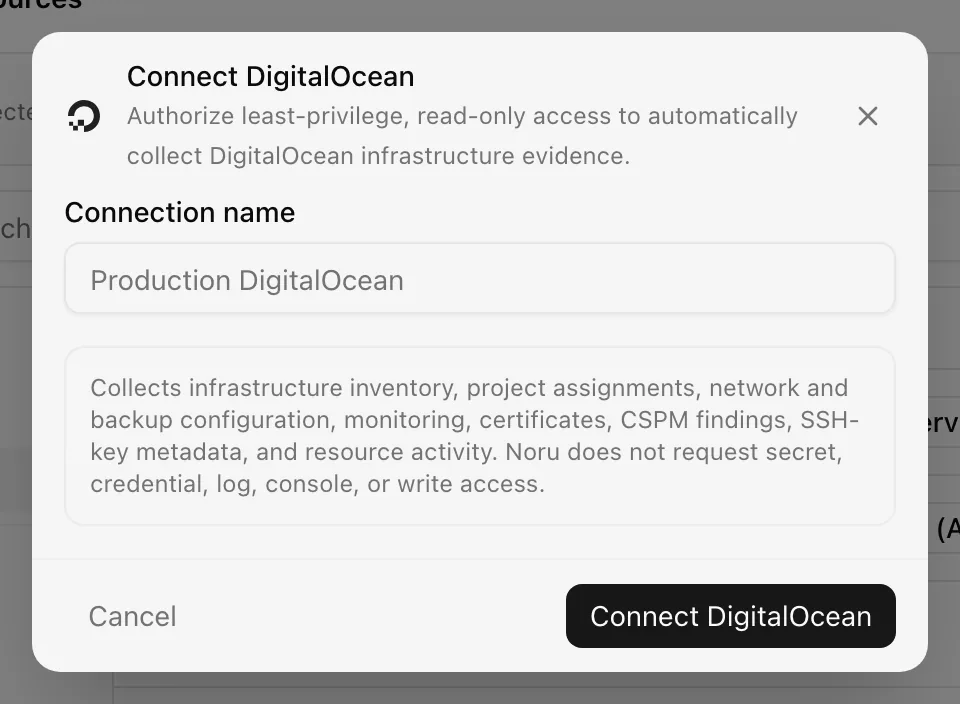 Connect DigitalOcean dialog with the Connection name field