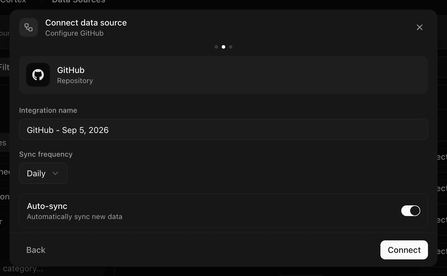 Connect data source dialog on the configure step for GitHub with Integration name, Sync frequency, and Auto-sync