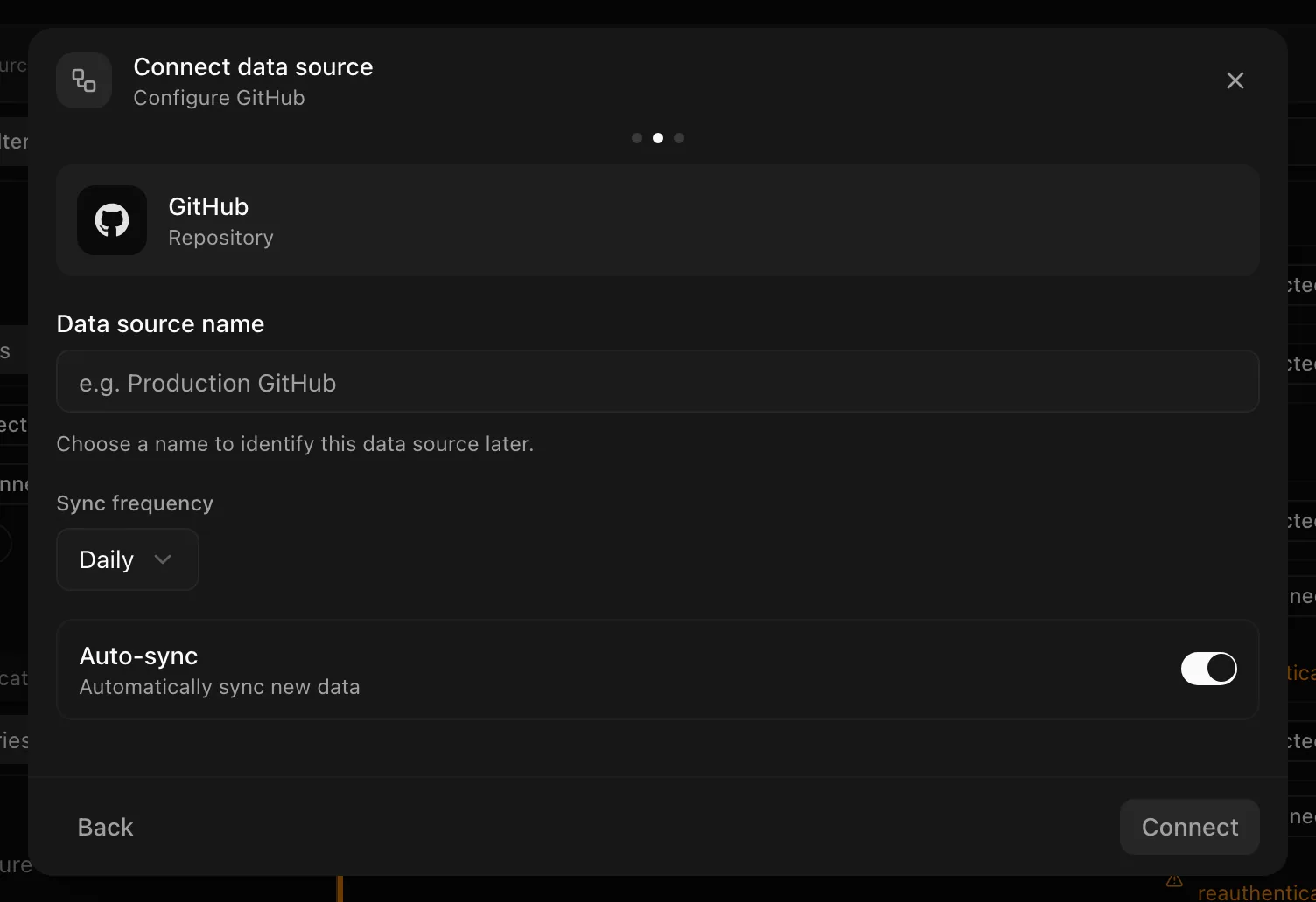 Connect data source dialog on the configure step for GitHub with Data source name, Sync frequency, and Auto-sync