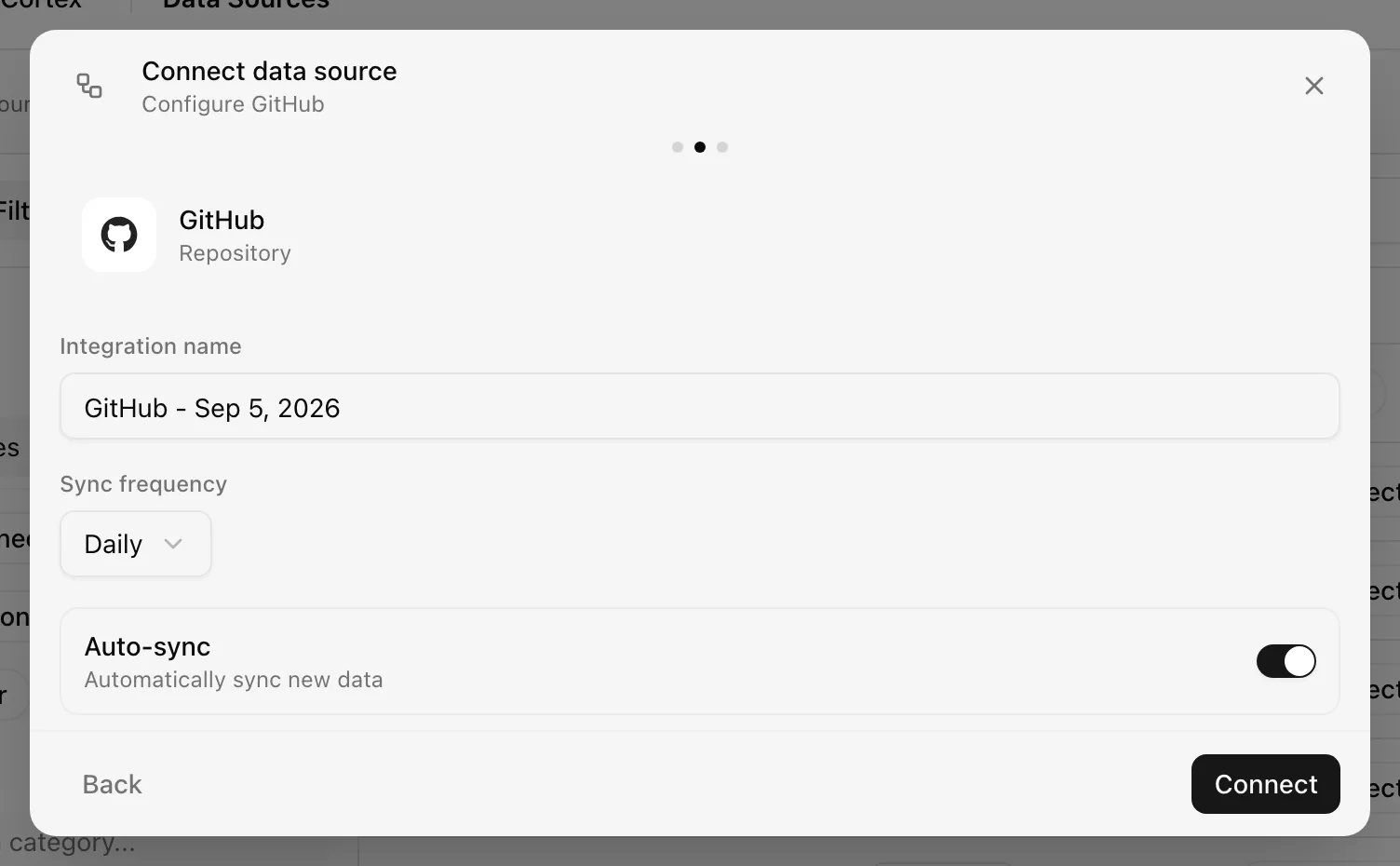 Connect data source dialog on the configure step for GitHub with Integration name, Sync frequency, and Auto-sync